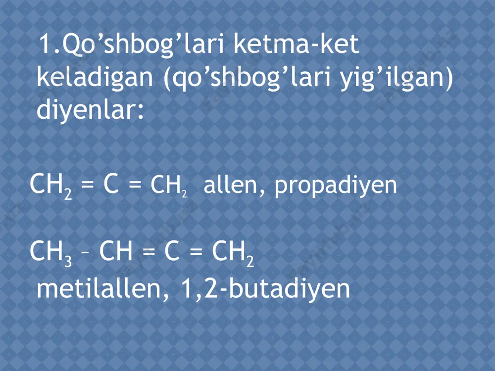 ga o’xshash bunda ham reaksiya ionli yoki radikal zanjirli mexanizm bilan borishi mumkin. ionli mexanizm bilan borganda birinchi bosqich -kompleksni hosil bo’lishi gidrogalogenlash. diyen uglevodorodlariga gidrogalogenlarning birikishi ham yuqorida eslatib o’tilgan qonuniyatlarga muvofiq boradi: 21 e’tiboringiz uchun raxmat image9.jpeg image10.wmf image11.jpeg image12.wmf image13.wmf image14.wmf image15.emf image16.wmf image17.wmf image4.jpeg image6.jpeg