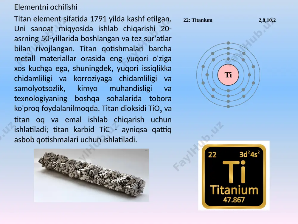 ga sfen cao-sio2-tio2 (32-42% tio2) va perovskit cao-tio (60% tio2) kiradi. atom tuzilishi titan ( kimyoviy belgi - ti, lotin tilidan ti tanium ) - 4-guruhning kimyoviy elementi ( eskirgan tasnifga ko'ra - to'rtinchi guruhning ikkilamchi kichik guruhi, ivb), d.i. kimyoviy elementlar davriy jadvalining to'rtinchi davri . mendeleyev , atom raqami 22. o'tish metallariga tegishli . oddiy sharoitda oddiy titan moddasi kumush-oq rangga ega engil metalldir . yuqori korroziyaga chidamliligiga ega . atomning xossalari nomi titan (ti), 22 guruh / davr/ blok 14 (eskirgan 4), 4, d-elemnt atom massa 47.867(1) g/mol elektron konfiguratsiyasi [ar] 3d 2 4s 2 1s 2 2s 2 2p 6 3s 2 3p 6 3d 2 4s 2 atom radiusi 147: 00 kimyoviy xossalari kovolent radiusi 132: 00 ion radiusi (+4e)68 (+2e)94 pm elektromanfiylik 1.54 (pauling shkalasi) standart elektrod potensiali −1,63 oksidlanish darajasi +2, +3, +4 ionlanish energiyasi (birinchi elektron) 657,8 (6,8281) kj/mol termodinamik xususiyatlari ko'rsatkich …