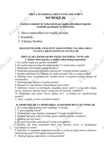 sheva materiallarini to'plash uchun so'roqlik — DOCX