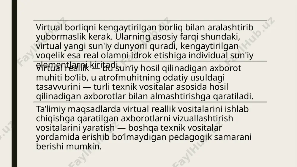 n va shu bilan birga inson idrokiga murakkab ta’sir ko‘rsatadigan qurilmani yaratish deb hisoblash mumkin. 1929-yilda “link trainer” parvoz simulyatori patentlangan bo‘lib, simulyatordagi vizual tasvirlar sifatida harakatlanuvchi rasmlar ishlatilgan. bunda harakatlanish, burilish, tushish va yo‘nalishni o‘zgartiruvchi navigatsiya orqali virtual parvoz amalga oshirilgan hamda yaxshi harakat hissi uyg’ongan. foydalanuvchiga aniq hissiyotlarni taqdim etish hamda uni sun’iy ravishda yaratilgan his-tuyg’ular dunyosiga singdirish qobiliyati faqatgina inson idrokiga murakkab ta’sir ko‘rsatishi mumkin. ushbu ta’sirlar 1950-yillarda kino sanoatini rivojlantirish uchun zarur bo‘lgan [3]. an’anaviy kino ekranlarini tomosha qilish uchun insonga ko‘rish maydonining atigi 5% kerak. umuman olganda, odamning idrok etishi 70% (yana 20% - eshitish, 5% - hid, 4% - tegib ko‘rish va 1% - tam bilish) vizual komponentga bog’liq. foydalanilgan adabiyotlar 1. lavalle s.m. (2017) virtual reality/university of illinois. cambridge university press. 418 p.url: http://vr.cs.uiuc.edu/vrbook.pdf. 2. atamuratov r.k. the educational advantages of virtual reality technologies. international scientificreview of the problems and prospects of modern …