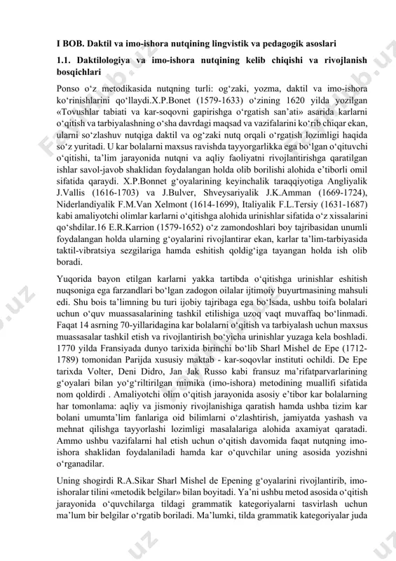 ar.16 e.r.karrion (1579-1652) o‘z zamondoshlari boy tajribasidan unumli foydalangan holda ularning g‘oyalarini rivojlantirar ekan, karlar ta’lim-tarbiyasida taktil-vibratsiya sezgilariga hamda eshitish qoldig‘iga tayangan holda ish olib boradi. yuqorida bayon etilgan karlarni yakka tartibda o‘qitishga urinishlar eshitish nuqsoniga ega farzandlari bo‘lgan zadogon oilalar ijtimoiy buyurtmasining mahsuli edi. shu bois ta’limning bu turi ijobiy tajribaga ega bo‘lsada, ushbu toifa bolalari uchun o‘quv muassasalarining tashkil etilishiga uzoq vaqt muvaffaq bo‘linmadi. faqat 14 asrning 70-yillaridagina kar bolalarni o‘qitish va tarbiyalash uchun maxsus muassasalar tashkil etish va rivojlantirish bo‘yicha urinishlar yuzaga kela boshladi. 1770 yilda fransiyada dunyo tarixida birinchi bo‘lib sharl mishel de epe (1712-1789) tomonidan parijda xususiy maktab - kar-soqovlar instituti ochildi. de epe tarixda volter, deni didro, jan jak russo kabi fransuz ma’rifatparvarlarining g‘oyalari bilan yo‘g‘riltirilgan mimika (imo-ishora) metodining muallifi sifatida nom qoldirdi . amaliyotchi olim o‘qitish jarayonida asosiy e’tibor kar bolalarning har tomonlama: aqliy va jismoniy rivojlanishiga qaratish hamda ushba tizim kar bolani …