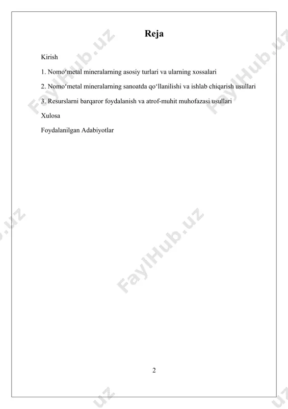 lanish muammolari ham dolzarb muhokama mavzularidan biridir. hozirgi vaqtda, no-metall mineral resurslarning iqtisodiyotdagi o‘rni va ulardan foydalanish metodlari keng qamrovli izlanishlarni talab qilmoqda. ularning qazib olinishi va qayta ishlash texnologiyalarini rivojlantirish, ekologik muvofiqlashtirilgan usullarni joriy qilish, va resurslarni barqaror foydalanish masalalari dolzarb bo‘lib qolmoqda. shu nuqtai nazardan, bu sohadagi ilmiy izlanishlar, yangi mineral depositlarini aniqlash, ishlab chiqarish jarayonlarini takomillashtirish va atrof-muhitga ta’sirini kamaytirishga qaratilgan. bu boradagi eng muhim vazifa — resurslarni muqobil va ekologik toza usullar bilan qazib olish va qayta ishlash texnologiyalarini ishlab chiqishdir. ilmiy izlanishlar, shuningdek, no-metall mineral resurslarning iqtisodiy va ekologik xavfsizligini ta’minlash uchun zamonaviy metodlarni ishlab chiqishga qaratilgan. bu jarayonda, resurslarning geografik joylashuvi, zaxiralari va ishlab chiqarishga tayyorligi haqida aniq statistika va tahlillar muhim ahamiyatga ega. bundan tashqari, iqtisodiy rivojlanishda resurslar bilan bog‘liq muammolarni hal qilish uchun davlat siyosati va strategiyalarining mustahkam asosda ishlab chiqilishi zarur. ayniqsa, rivojlanayotgan davlatlar uchun, bu mineral resurslar mustahkam iqtisodiy o‘sishni …