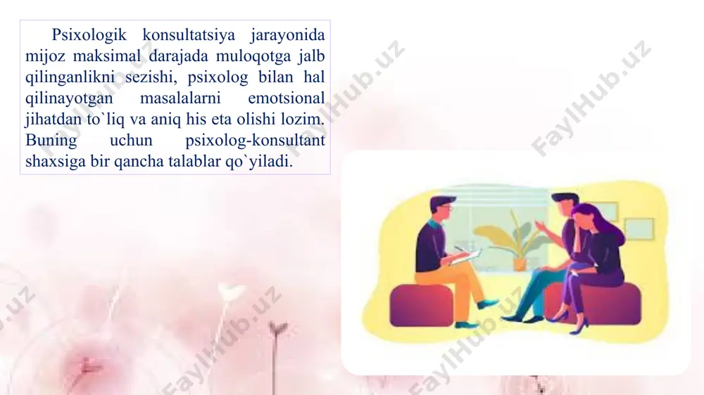 llaniladi ko'plab psixoanalitik va postpsixoanalitiklardan olingan. g'arbiy psixoterapiya oqimlari. avvalo, bu o'z ichiga olishi kerak gestalterapiya texnikasi, gumanistik psixoterapiya. 3. yechimga yo'naltirilgan konsalting (yechim bo'yicha suhbat). bu erda urg'u hal qilish uchun mijozning o'z resurslarini faollashtirish bo'yicha amalga oshiriladi muammolar. ushbu yondashuv e'tiborni shunga qaratadi muammoning sabablarini tahlil qilish muqarrar ravishda tuyg'uning kuchayishiga olib keladi maslahatchi psixolog va mijozning hamkorligiga to'sqinlik qiluvchi mijozning aybi. buning uchun ko'plab texnikalar qo'llaniladi qisqa muddatli ijobiy terapiyadan olingan yondashuv. konsultativ aloqa haqida zamonaviy g'oyalar: yo'nalish bo'yicha maslahat bo'yicha aloqa psixoanalitik yo'nalishi. buning uchun maslahatchi shaxsiy anonimlikni saqlaydi mijoz o'zini erkin loyihalashtirishi mumkin tuyg'ular. asosiy e'tibor kamaytirishga qaratilgan reaktsiyalarni tahlil qilish natijasida yuzaga keladigan qarshilik mijozni o'tkazish va ko'proq o'rnatish ratsional nazorat. maslahatchi mijoz tomonidan taqdim etilgan materialni sharhlaydi va mijozga o'zini bog'lashni o'rgatishga intiladi o'tgan voqealar bilan hozirgi xatti-harakatlar . adlerian yo'nalishi -mas'uliyatni taqsimlash, maslahatchi va mijoz, o'zaro ishonch va hurmat, lavozimlarning tengligi, o'rnatish …