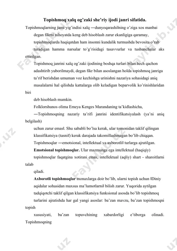 yraklikni sinab ko’riladi. shu bilan bir vaqtda topishmoqlar kundalik hayotda odat bo’lmagan badiiy usul va samara yaratadilar. bizni o’rab turgan atrofimizdagi hamma topishmoqlar paradoks she’riyatini ochib beradi. ular she’riy to’qimalar bilan ermak hosil qiladilar. topishmoqlar aqliy o’yin bilan birlashtirilgan she’riyat hisoblanadi. xalq tilida ―topishmoq aytish‖ iborasi ―o’ylash, fikrlash, topish uchun qandaydir noma’lum narsani taklif qilish‖ ma’nolarini bildiradi. nutq o’stirishni, til ongi va tafakkurni rivojlantirishda ikki tildan har birining roliga oid masala kuchli va zaif tomonlarni hisobga olgan holda maxsus tadqiq etishni talab qiladi. bu o’rinda ikki tillilikni rivojlantirishning ijtimoiy shart - sharoitlari, nutq o’stirishni egallashning maqsad va vazifalari, til o’rganuvchilarning yosh kabi jihatlari hisobga olinmoqda. nutqni o’stirish, ona tili negizida rivojlanayotgan til ongi umuman olganda nutq o’stirishni egallashda yordam beradi, xuddi shuningdek, tafakkurni rivojlantirishga ko’maklashadi. nutqni o’stirishdagi nutqiy faoliyatni shakllantirishdagi asosiy muammo mavjud ko’nikmalarga tuzatish kiritishning maqbul usullari ona tiliga xos bo’lgan fikrlashdan o’rganilayotgan tilga xos bo’lgan fikrlash jarayonlariga o’tishdagi …