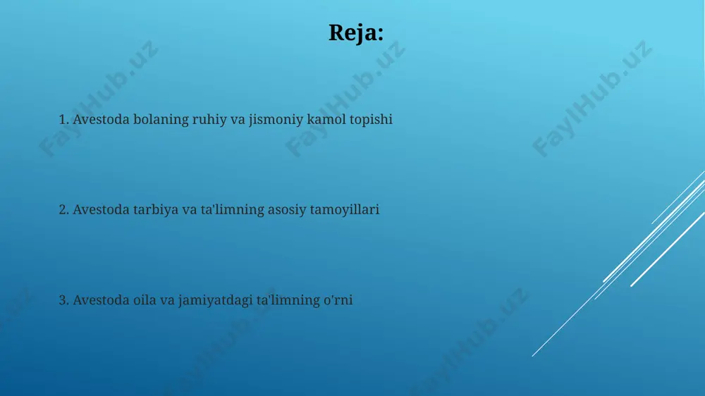 ar singdiriladi. mehr-oqibat va hurmat-ehtiromga asoslangan tarbiya avesto falsafasida ijtimoiy uyg'unlikni ta’minlashning muhim omili sifatida koʻrsatilib, 5 ta asosiy tamoyilga asoslanadi. avesto qadriyatlari zamonaviy ta'limda avesto’da 3 ta asosiy fazilat – xushmuomalalik, adolat va bilim – zamonaviy ta'limda shaxsning 5 ta muhim kompetensiyasini – muloqot, tanqidiy fikrlash, ijtimoiy javobgarlik, halollik va bilim olishga intilishni rivojlantirishga asos bo'lishi mumkin. avesto’ning “humat” (yaxshi fikr) tushunchasi, 7 ta yaxshilikka asoslangan bo'lib, zamonaviy ta'limda axloqiy tarbiya va shaxsiy rivojlanish dasturlarini yaratishda muhim ahamiyat kasb etadi. bolaning jismoniy va ma'naviy kamol topishi bolaning jismoniy barkamolligi uchun avesto sog'lom turmush tarzini, jismoniy mashqlarni va to'g'ri ovqatlanishni tavsiya qiladi, bu esa 7 ta asosiy tamoyildan iborat. avesto ma'naviy kamol topish uchun yaxshilik, adolat, haqiqat kabi 5 ta muhim fazilatlarni o'rgatishni, va ularni hayotga tatbiq etishni ta'kidlaydi. oilaviy tarbiya avesto falsafasida avesto falsafasida 7 yoshgacha bo'lgan bolaning tarbiyasi ota-onalarning bevosita mas'uliyatida ekani ta'kidlanadi, bu davrda axloqiy tamoyillarni singdirishga …