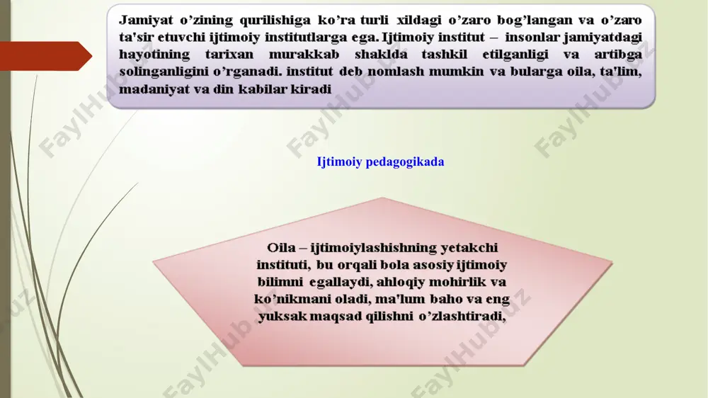 lab chiqa turib ijtimoiy va yosh psixologiyasi ma’lumotlaridan foydalanadi. ijtimoiy pedagogika va ijtimoiy ish xix asrda yevropa va shimoliy amerikada bo’lib o’tgan ijtimoiy-madaniy jarayonlar nafaqat ijtimoiy pedagogika balki “ ijtimoiy ish” deb nomlangan ijtimoiy faoliyat sohasining paydo bo’lishini ta’minladi. g’arbiy yevropa davlatlarida ayniqsa germaniyada xx asr davomida ijtimoiy pedagogika bilan bir qatorda ijtimoiy ish ham amaliy faoliyat sohasi sifatida rivojlanadi, biroq ijtimoiy pedagoglar va ijtimoiy ishchilarning kasbiy faoliyatlarida ko’p umumiy jihatlar bor. ular bir kasbni anglatuvchi sinonim so’zlardir. bu mutaxassislar jamiyatda tarbiyaviy, axborot, hamkorlik, tashkiliy, himoya, qo’llab-quvvatlovchi vazifalarni bajarishadi. foydalanilgan adabiyotlar ro’yxati davlatshin m.g va boshqalar “yosh davrlari va pedagogik psixologiya” t. tdpu,2004 yil. do’stmuhammedova sh.a. z.t.nishonova, s.x.jalilova “yosh davrlari va pedagogik psixologiya” toshkent 2013. do’stmuhammedova sh.a. z.t.nishonova, g.k.alimova “rivojlanish psixologiyasi va pedagogik psixologiya” toshkent 2017 g‘oziyev e.pedagogik psixologiya t.2014. image1.jpeg image2.png image3.jpeg image4.jpeg image5.jpeg image6.jpeg image7.jpeg /docprops/thumbnail.jpeg