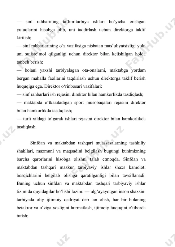 shga qaratilganligi bilan tavsiflanadi. buning uchun sinfdan va maktabdan tashqari tarbiyaviy ishlar tizimida quyidagilar bo‘lishi lozim: — ulg‘ayayotgan inson shaxsini tarbiyada oliy ijtimoiy qadriyat deb tan olish, har bir bolaning betakror va o‘ziga xosligini hurmatlash, ijtimoiy huquqini e’tiborda tutish; — milliylikning o‘ziga xos an’ana vositalariga tayanish; — pedagoglar va o‘qituvchilar o‘rtasida o‘zaro hurmat munosabatlarini shakllantirish; — maktabning jamoat tashkiloti, otaliq qiluvchi korxonalar bilan aloqasini mustahkamlash; — bolalar nazoratsizligi va qonun buzilishining oldini olish; — yashash joyi bo‘yicha bolalarning bo‘sh vaqtini tashkil etish; — o‘quvchilarning oilalariga borish va bolalarni tarbiyalashda ularga yordam berish; — yosh avlodning vatanga, jamiyatga va mehnatga, o‘ziga va odamlarga munosabatini anglab olishga qaratilgan axloqiy tuyg‘ularini tarbiyalash. tarbiyaviy ishlar bolalarning kundalik hayotidan olingan aniq dalillar va voqealarni, badiiy adabiyot, vaqtli matbuot, kinofilmlardan olingan misollarni tahlil etish hamda muhokama qilish asosida o‘tkaziladi. bu ishlarning xususiyati shundaki, bu bolalarni o‘zining axloqiy xatti-harakatlari haqida mulohaza yuritishga va ularga to‘g‘ri baho berishga …