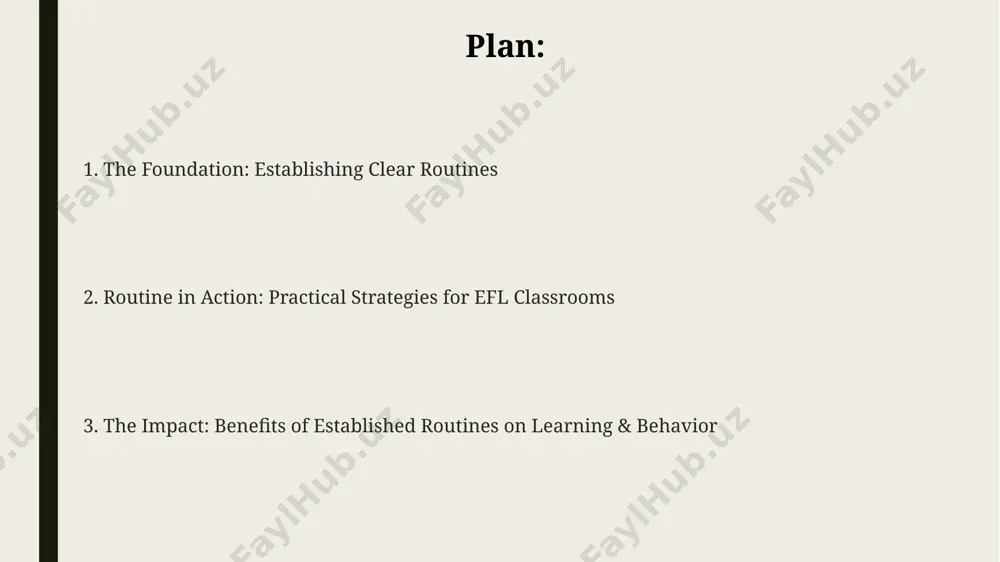ctations, minimizes ambiguity for learners (especially those with diverse learning styles) resulting in improved focus and up to a 15% increase in task completion rates. implementing proactive strategies, such as incorporating 2-minute mindfulness exercises or group-based activities, can enhance student wellbeing and classroom climate, improving overall learning outcomes by potentially 10% through stress reduction and improved peer interaction. implementing routines: practical strategies and examples implement a 5-minute "vocabulary warm-up" routine at the start of each lesson using flashcards and quick games, boosting student engagement and pre-teaching key terms for the day's lesson. establish a clear 3-step procedure for submitting assignments – online submission via a learning management system (lms), followed by teacher confirmation, and finally, feedback within 48 hours. integrate a "pair-share" routine for every 20 minutes of direct instruction, allowing students to consolidate learning, practice conversational skills, and receive peer feedback, fostering collaboration. assessing the effectiveness of routines track …