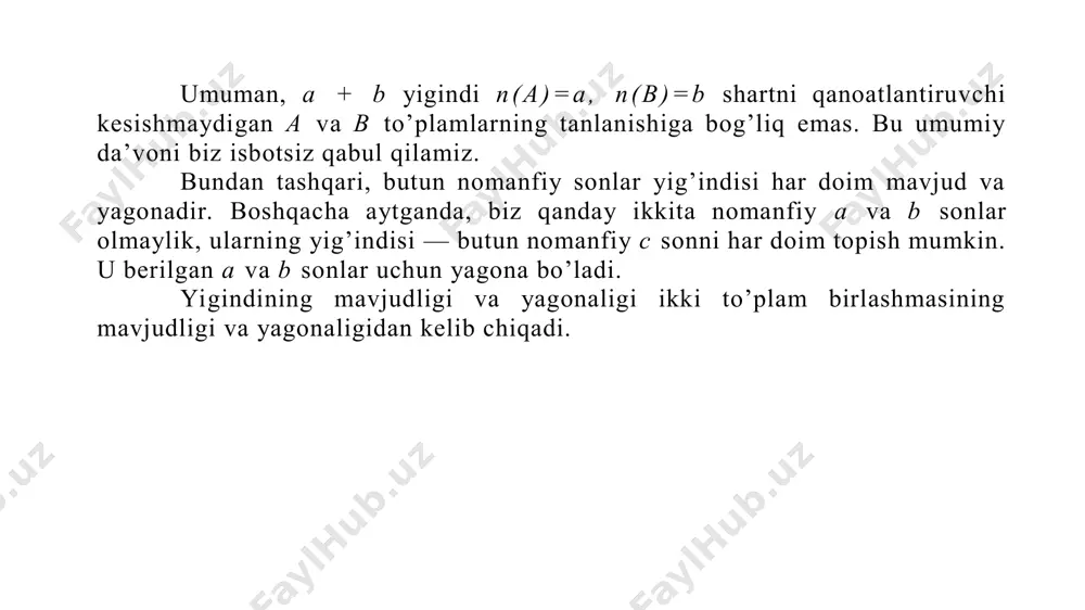 lsa, ac < bcbo’lishi kerak, bu esa shartga zid. dem ak, a = b ekan. nazorat uchun savollar: 1. nazariyani aksiomatik qurish to’g’risida ma’lumot bering. 2. natural son va nol tushunchasining vujudga kelishi tarixi haqida ma’lumot. 3. nomanfiy butun sonlar to’plamini to’plamlar nazariyasi asosida qurish . 4. nomanfiy butun sonlarni taqqoslash. foydalaniladigan asosiy adabiyotlar ro‘yx ati asosiy adabiyotlar 1. xamedova n.a, ibragimova z, tasetov t. mat еmatika. darslik. t.: turon - iqbol, 2007. 363b.(58-63 bet) qo‘shimcha adabiyotlar 1. abdullayeva b.s., sadikova a.v., muxitdinova m.n., toshpo‘latova m.i., raximova f. matematika. tdpu. (boshlang‘ich ta’lim va sport -tarbiyaviy ish bakalavriyat ta’lim yo‘nalish i talabalari uchun darslik) toshkent -2012, 284 bet (123-126 bet) nazorat savollari 1-variant. 1. n(a)=n(b)=7 bo`ladigan turli a va b to`plamlarga misollar keltiring. a va b to`plamlar qanday munosabatda bo`ladi? 2. “besh” natural sonining to`plam nazariyasi bo `yicha tushuntiring. 3. “besh”ning tartibiy va miqdoriy ma’nosini ochib beradigan barcha munosabat va tengliklarni …