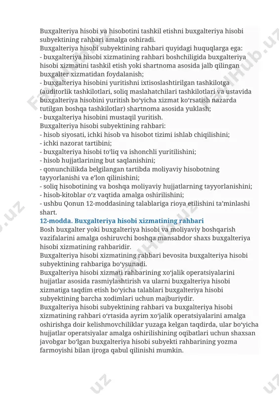 h va moliyaviy hisobotni tuzishga doir minimal talablarni belgilaydi. buxgalteriya hisobining milliy standartlari buxgalteriya hisobini tashkil etish, yuritish va moliyaviy hisobotni tuzishga doir maxsus talablarni belgilaydi. buxgalteriya hisobi subyektlari moliyaviy hisobotning xalqaro standartlarini qonunchilikda belgilangan tartibda qo‘llashi mumkin. 11-modda. buxgalteriya hisobi va hisobotini tashkil etish buxgalteriya hisobi va hisobotini tashkil etishni buxgalteriya hisobi subyektining rahbari amalga oshiradi. buxgalteriya hisobi subyektining rahbari quyidagi huquqlarga ega: - buxgalteriya hisobi xizmatining rahbari boshchiligida buxgalteriya hisobi xizmatini tashkil etish yoki shartnoma asosida jalb qilingan buxgalter xizmatidan foydalanish; - buxgalteriya hisobini yuritishni ixtisoslashtirilgan tashkilotga (auditorlik tashkilotlari, soliq maslahatchilari tashkilotlari va ustavida buxgalteriya hisobini yuritish bo‘yicha xizmat ko‘rsatish nazarda tutilgan boshqa tashkilotlar) shartnoma asosida yuklash; - buxgalteriya hisobini mustaqil yuritish. buxgalteriya hisobi subyektining rahbari: - hisob siyosati, ichki hisob va hisobot tizimi ishlab chiqilishini; - ichki nazorat tartibini; - buxgalteriya hisobi to‘liq va ishonchli yuritilishini; - hisob hujjatlarining but saqlanishini; - qonunchilikda belgilangan tartibda moliyaviy hisobotning …