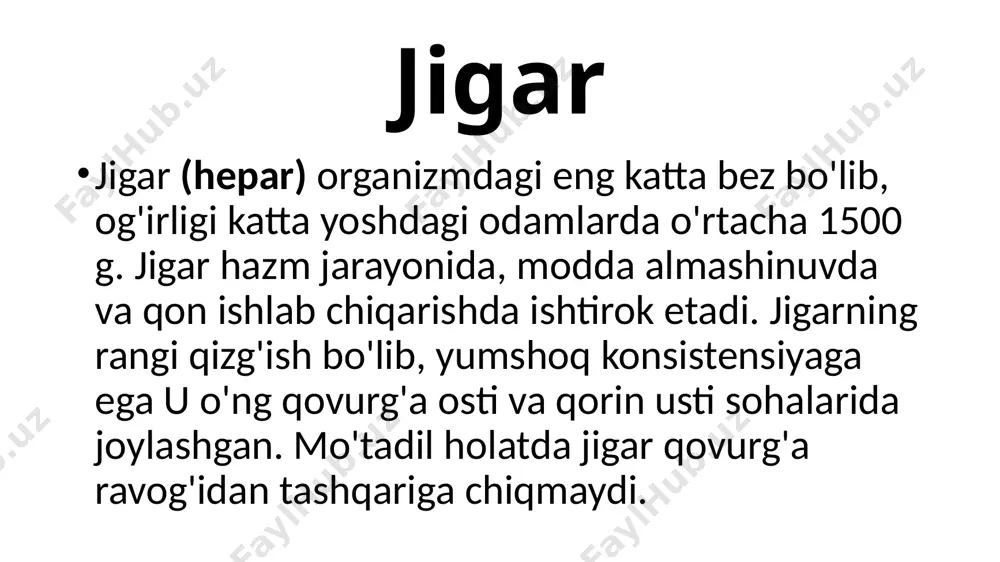 s sinistra – chap sagittal yoriq chap sagittal egat jigaming chap bo'lagini o'ng bo'lagidan ajratadi. uning oldingi qismida kindik venasining bitib ketishidan hosil bo'lgan jigaming yumaloq boylami yorig'i (fissura lig. tereti), orqa qismida esa venoz boylam yorig'i (fissura lig. venosi) joylashadi 2. fissura sagitalis dextra – o’ng sagittal yoriq o'ng sagittal egat nisbatan keng bo'lib, uning oldingi qismida o't pufagi chuqurchasi (fossa vesicae felleae) joylashsa,orqa qismida pastki kovak vena egati (sulcus venae cavae) yotadi 3. sulcus transversus – qon tomirlari ,nervlari, o’t yo’llari joylashganligi uchun porta hepatis (jigar darvozasi) deyiladi porta hepatis kiradi : vena portae – darvoza venasi a.hepatica propria – jigar xususiy arteriyalari nervlar chiqadi : ductus hepaticus communis – umumiy jigar o’t yo’li limfatik tomirlar jigarning fiksatsion aparati 1. diafragmal yuzada: lig. falciforme – o’roqsimon boylam . jigarning o’ng va chap bo’laklari orasida joylashgan . qorinning old devoriga birikadi. lig. coronarium – tojsimon boylam . diafragmal yuzadani …