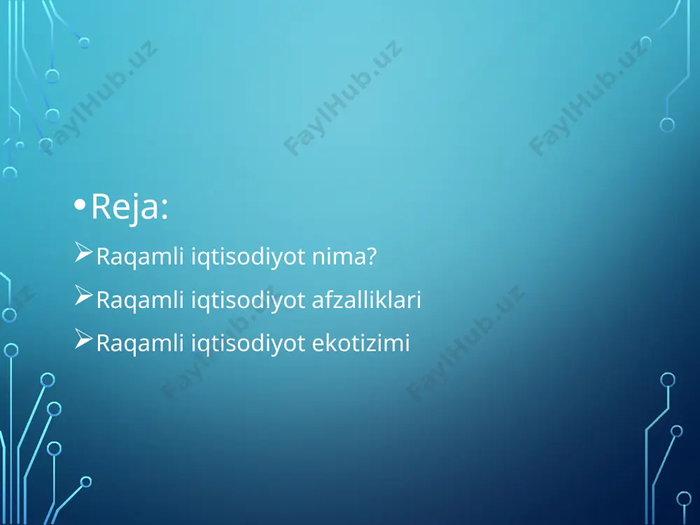 tisod. telegramdagi biron savdo boti orqali o‘ziga maʼqul tovarni tanlab, tovar egasiga pulni elektron to‘lov tizimi orqali to‘lash va tovarni yetkazib berish xizmati orqali olish — raqamli iqtisodiyot deyiladi. bu masalani eng sodda maishiy misol orqali tushuntirishdir. aslida, hammamiz allaqachon raqamli iqtisodiyot ichidamiz, uning qulayliklaridan foydalanamiz. masalan, oyliklarimiz plastik kartalarga tushadi, elektron to‘lov orqali kommunal xizmatlar, telefon, internet va boshqa mahsulot va xizmatlarga to‘lov qilamiz, elektron tarzda soliq deklarasiyasi topshiramiz, kartadan kartaga pul uzatamiz, uyga taom buyurtma qilamiz va hokazo. raqamli iqtisodiyot — bu noldan boshlab yaratilishi lozim bo‘lgan qandaydir boshqacha iqtisodiyot emas. bu yangi texnologiyalar, platformalar va biznes modellari yaratish va ularni kundalik hayotga joriy etish orqali mavjud iqtisodiyotni yangicha tizimga ko‘chirish deganidir. raqamli iqtisodiyotni rivojlantirish bizga nima beradi? raqamli iqtisodiyot insonlarning turmush darajasini sezilarli darajada oshiradi, bu uning asosiy foydasidir. raqamli iqtisodiyot korrupsiya va „qora iqtisodiyot“ning asosiy kushandasidir. chunki, raqamlar hamma narsani muhrlaydi, xotirada saqlaydi, kerak paytda maʼlumotlarni …