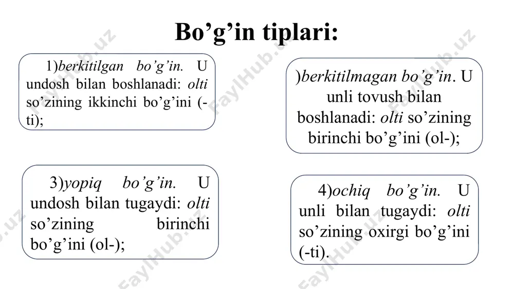 ning o’ziga xos tipik ottenkasi (sifat belgisi) saqlangan bo’lishi bilan xarakterlanadi, shu belgisiga ko’ra u urg’usiz bo’g’indagi unlining notipik ottenkasidan farqlanadi g) tonik (musiqiy) urg’u. urg’uning bu turini olgan bo’g’in ovoz tonining o’zgarishi bilan urg’usiz bo’g’inlardan farq qiladi. demak, tonik urg’uda un paychalari chastotasi tezlashadi, ovoz toni esa balandlashadi. 2. o’rniga ko’ra so’z urg’usi ikki xil bo’ladi: bog’langan urg’u va erkin urg’u. b) erkin urg’uli tillarda urg’u so’zning turli bo’g’inlariga tushadi. rus tili ana shunday erkin urg’uli tillar tipiga kiradi. unda urg’u so’zning birinchi bo’g’iniga (magniy, zavuch), ikkinchi, uchinchi bo’g’inlariga (orator, bakteriya, oduvanchik, baraxolka) va oxirgi bo’g’iniga (banderol, peyzaj) tushishi mumkin. a) bog’langan urg’uli tillarda urg’u so’zdagi biror bo’g’inga doimiy bog’langan bo’ladi. masalan, turkiy tillarda urg’u so’zning oxirgi bo’g’iniga tushadi. bu xususiyat o’zbek tiliga ham xos: kitob, daraxt, bola, ota, shahar kabi. venger va chex tillarida so’z urg’usi birinchi bo’g’inga, polyak tilida esa so’zning oxiridan bitta oldingi bo’g’inga tushadi. bunday …