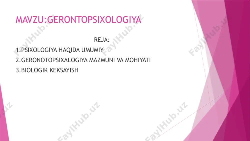 disalarning mohiyatini tushunishni o’rganish; ularni boshqarishni o’rganish; olingan bilimlardan amaliyotning turli sohalari samaradorligini oshirish uchun foydalanish; psixologik xizmat amaliyotining nazariy asosi bo’lish. psixologiya usullari (metodlari) ma’lumot to’plash usullari (o’z-o’zini kuzatish, kuzatish, faoliyat natijalarini o’rganish, hujjatlarni o’rganish, so’rovnomalar usuli, testlar usuli, tadqiqotlar, biografik usul); ma’lumotlarga ishlov berish usullari (statistik tahlil, boshqa matematik usullar); psixologik ta’sir ko’rsatish usullari (muhokamalar, treninglar, shakllantiruvchi tadqiqotlar, ishontirish, ongiga singdirish, relaksatsiya va boshqalar); elektronensefalografiya, tomografiya, magnitoensefalografiya va inson tanasidan o’ta oladigan 700-900 nanometr uzunlikdagi to’lqinli infraqizil spektroskopiya asosida miya va alohida neyronlar elektrofiziologiyasi. gerontopsixologiya gerontopsixologiya (yunoncha geron —qari, keksa va psixologiya) —gerontologiya va yosh psixologiyasi sohasi. umumiy psixologiya vositalari hamda usullaridan foydalanib, keksalar ruhiyati va feʼlining oʻziga xos xususiyatlarini oʻrganadi. garchi olimlar kishilarda keksayish tufayli paydo boʻladigan ruhiy xususiyat va oʻzgarishlarga avvaldan qiziqib kelsalarda, gerontopsixologiya alohida fan sohasi sifatida 20-asrning ll yarmidagina shakllana boshladi. gerontopsixologiya psixologiya fanining tarkibiy qismi ekanini ilmiy jihatdan stenli xoll asoslagan bo‘lsada, lekin …