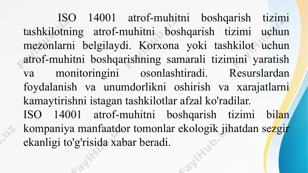 a ega bo'lgan har bir kompaniya uchun zarurdir. atmosferaga chiqariladigan chiqindilar, oqava suvlar, qattiq va xavfli chiqindilar, elektr energiyasi, suv, yoqilg'i moyi, dizel, xom ashyo va shunga o'xshash resurslarni iste'mol qilish. iso 9001 atrof-muhitni boshqarish tizimini yaratish va atrof-muhitni boshqarish tizimi sertifikatiga ega bo'lishni istagan tashkilotlar batafsil ma'lumot olish uchun science sertifikatlash organining tajribali menejerlari va xodimlariga murojaat qilishlari mumkin. e’tiboringiz uchun rahmat! image2.jpeg image3.jpeg image1.jpeg