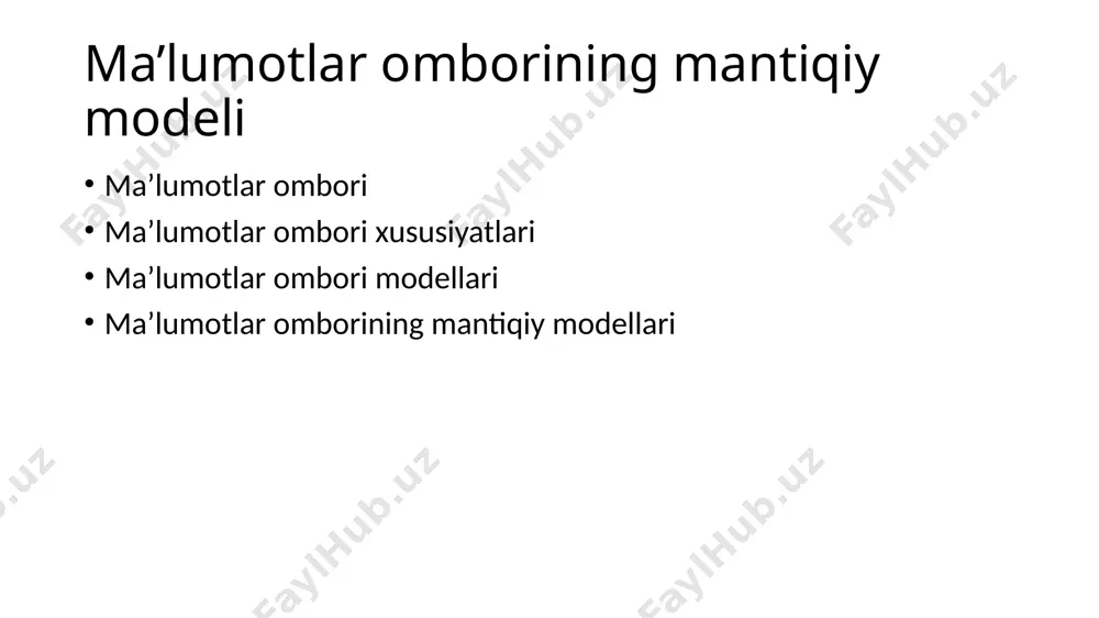 n yuzaga keladigan o’zaro bog’liq qonuniyatlarning o'zgarishini aniqlash uchun mo'ljallangan. relyatsion, ierarxik va semantik tarmoq. relyatsion (lotin tilidagi relatio-munosabat so`zidan olingan) modelda ma’lumotlarni saqlash uni tashkil etuvchi qismlari orasidagi munosabatlarga asoslangan. eng sodda xolda u ikki o’lchovli massiv yoki jadvaldan iborat bo’ladi. murakkab axborot modellari ana shunday jadvallarning o`zaro bog’langan to`plamidan iborat mbning ierarxik modeli pastki pogonadagi yukori pogonadagiga buysinish tartibida joylashgan elementlar tuplamidan iborat buladi va agdarilgan daraxt(graf)ni tashkil etadi. ushbu modelь satx,tugun,bog’lanish kabi parametrlar bilan tavsiflanadi. uning ishlash tamoyili shundayki, kuyi satxdagi bir necha tugunlar boglanish yordamida yuqoriroq satxdagi bitta tugun bilan boglangan buladi. tugun- bu ierarxiyaning berilgan satxida joylashgan elementning axborot modelidir mbning semantik tarmoq modeli ierarxik modelga uxshashdir. u xam tugun, satx, bog‟lanish kabi asosiy parametrlarga ega. lekin semantik tarmoq modelida turli satxdagi elementlar orqali «erkin», ya‟ni «xar biri xamma bilan» ma‟noli bog‟lanish qabul qilingan. ma’lumotlarni tavsiflash va ular orasidagi munosabat aloqalar o’rnatish 2 xil bo’ladi: …