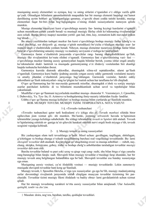 tasvirlilikning vosi- talaridan tashkil topgan tizim demakdir. bular tovush balandligi, cho‘zim, metr, ritm, interval, akkord, lad, tonallik, kuy kabi vosi- talardir. musiqiy tilning vositalari musiqaning tarkibiy elementlari hisoblanadi. musiqa elementlari va ularning o‘zaro bog‘liqligi ha- qidagi ta’lim musiqa nazariyasiga oid fanlarda bayon qilingan. san’atshunoslikning bir sohasi musiqashunoslikdir. u o‘z nav- batida quyidagi bilim sohalarini qamrab oladi: musiqa nazariyasi, musiqa tarixi, musiqiy etnografiya, musiqiy tanqid, musiqiy akus- tika, musiqiy psixologiya va boshqa sohalar. musiqa nazariyasi il- miy va o‘quv fanlarning majmuasi bo‘lib, musiqaning elementar nazariyasi, garmoniya, musiqiy shakl, polifoniya, solfedjio, cholg‘ulashtirish kabi fanlarni o‘z ichiga oladi va musiqani nazariy nuqtayi nazardan o‘rganadi. mazkur fanlarning umumiy vazifasi · musiqani idrok etish, uni tushunish, uning tabiati, imkoniyat- lari va tinglovchilarga ta’sir qilish mexanizmini anglashga yordam berishdir. ushbu fanlar bo‘lajak musiqa o‘qituvchilarini tayyorlash- da muhim rol o‘ynaydi. ular musiqa sirlarini nafaqat o‘z musiqiy ehtiyojlari uchun, balki kerakli bilim va ko‘nikmalarini kelajakdagi o‘quvchilari ongiga singdirish …