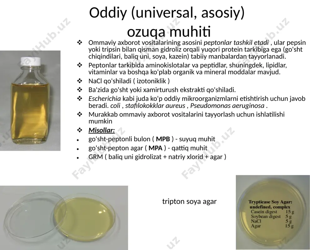 eng katta diapazoni turli xil ranglarda bo'yalgan xromogen substratlardan foydalanish orqali ta'minlanadi. 14 1% laktoza, 0,1% glyukoza, natriy tiosulfat va temir sulfat, indikator fenol og'zini o'z ichiga oladi. sirtga ekish va agar ustuniga in'ektsiya qilish . faqat glyukozani fermentatsiyalashda - sariq ustun, qiyshiq qismi rangi o'zgarmaydi. glyukoza va laktoza fermentatsiyasi paytida ( e.coli ) - butun agar vodorod sulfidi hosil bo'lganda (salmonella, proteus) - agar qora rangga aylanadi kligler vositasi: birlashtirilgan xususiyatlarga ega ommaviy axborot vositalari qonli agar va uning hosilalari ham boyitilgan, ham differensial diagnostik oziq moddalardir . bu muhitlar 5-10% qonni o'z ichiga oladi, bu esa turli tez mikroorganizmlarning rivojlanishini rag'batlantiradi. differentsial diagnostika xususiyatlari noaniq qizil qonli agar fonida aniq ko'rinadigan ma'lum mikroorganizmlar koloniyalari atrofida gemoliz zonalarining shakllanishi sifatida namoyon bo'ladi: alfa gemoliz gemoglobinning methemoglobinga ( streptococcus pneumoniae) aylanishi natijasida paydo bo'lgan yashil-jigarrang maydon sifatida namoyon bo'ladi . beta gemoliz (to'liq gemoliz) - qizil qon hujayralarining to'liq yo'q …