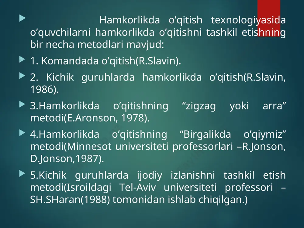 rat qilinadi va baholanadi. guruh a’zolarinig ballari jamlanadi, eng yuqori bal to’plagan guruh g’olib sanaladi. hamkorlikda o’qitishning “birgalikda o’qiymiz” metodi(minnesot universiteti professorlari –r.jonson, d.jonson,1987) bu metodda sinf o’quvchilari 3-5 kishidan iborat kichik guruhlarga ajratiladi. har bir guruh darsda bajarilishi lozim bo’lgan topshiriqning ma’lum qismini bajaradi. guruhlar topshiriqlarni to’liq bajarishi natijasida o’quv materialining yaxlit o’zlashtirilishiga erishiladi. mazkur metodning asosiy printsiplari –komandani taqdirlash, o’quvchilarga individual yondashish, muvaffaqiyatlarga erishish uchun har xil imkoniyatlarni vujudga keltirish. kichik guruhlarda ijodiy izlanishni tashkil etish metodi(isroildagi telь-aviv universiteti professori –sh.sharan(1988) tomonidan ishlab chiqilgan.) bu metodda ko’proq o’quvchilarning mustaqil va ijodiy ishiga e’tibor qaratiladi. o’quvchilar alohida-alohida yoki 6 kishilik kichik guruhlarda ijodiy izlanish olib boradilar. ijodiy izlanish kichik guruhlarda tashkil etilganda darsda o’rganish lozim bo’lgan o’quv materiali kichik qismlarga ajratiladi. keyin bu qismlar yuzasidan topshiriqlar har bir o’quvchiga taqsimlanadi. shunday qilib, har bir o’quvchi umumiy topshiriqning bajarilishiga o’z hissasini qo’shadi. kichik guruhlarda topshiriq yuzasidan munozara o’tkaziladi. guruh a’zolari …