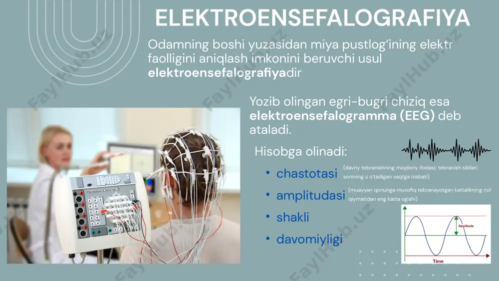 35 hz chastotasi bilan potentsialning ritmik tebranishi. miyaning frontal va markaziy hududlarida yaxshi ifodalangan. 5. delta wave-250 mil.sek dan ortiq bo'lgan potentsial farqning yagona ikki fazali tebranishi. 6. delta-1-3 hz chastotasi va 10 dan 250 mv va undan ortiq amplituda potentsialning ritmik tebranishi. 7. tetato'lqin 130-250 mil.sek davomiyligi bilan potentsial farqning yagona, ko'pincha ikki fazali tebranishidir. 8. teta - 4-7 hz chastotasi bilan potentsial ritmik tebranishdir, ko'pincha ikki tomonlama sinxron, 100-200 mv amplitudasi bilan, ba'zan esa, ayniqsa, miyaning frontal mintaqasida, milga o'xshash modulyatsiya bilan. amplituda vibratsiyaning amplitudasi va chastotasi bir-biri bilan bog'liq. yuqori chastotali beta to'lqinlarining amplitudasi o'sha odamda sekin alfa to'lqinlarining amplitudasidan deyarli 10 marta past bo'lishi mumkin. eegni ro'yxatga olishda elektrodlarning joylashuvi muhim ahamiyatga ega, ayni paytda boshning turli nuqtalaridan qayd etilgan elektr faolligi sezilarli darajada farq qilishi mumkin. 2 ta asosiy usul bipolyar monopolar har ikkala elektrod ham bosh terisi elektr faol nuqtalariga joylashtiriladi, elektrodlardan biri shartli …