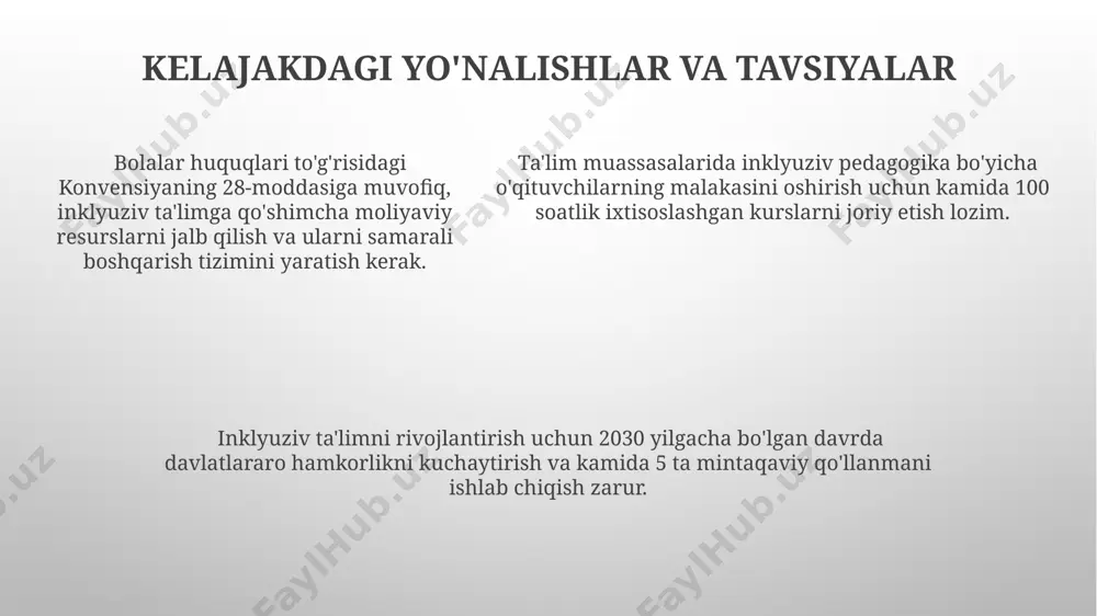 ga inklyuziv ta'lim olish huquqini ta'minlash bo'yicha majburiyatlarni o'z zimmasiga olishadi. qiyinchiliklar va to'siqlar mavjud infrastruktura va moslashtirilgan o’quv materiallarining yetishmasligi, nogironligi bo’lgan 20% dan ortiq o’quvchilarning ta’lim olish imkoniyatlarini cheklab qo’yadi. inklyuziv ta’limni amalga oshirishda davlatlarning moliyaviy resurslari yetishmasligi, xususan, kam ta’minlangan oilalar farzandlari uchun qo’shimcha qo’llab-quvvatlash xizmatlarini ta’minlashda 30% gacha qiyinchilik tug’diradi. inklyuziv ta’limni amalga oshirishda davlatlarning moliyaviy resurslari yetishmasligi, xususan, kam ta’minlangan oilalar farzandlari uchun qo’shimcha qo’llab-quvvatlash xizmatlarini ta’minlashda 30% gacha qiyinchilik tug’diradi. huquqiy muammolar va yechimlari inklyuziv ta’limga to‘sqinlik qiluvchi 30 dan ortiq huquqiy me’yorlar mavjudligi va ularni qayta ko‘rib chiqish zarurati, xususan, nogiron bolalar uchun qo‘shimcha qo‘llab-quvvatlash xizmatlariga kirish imkoniyatini ta’minlashga qaratilgan. 1989 yilgi bolalar huquqlari konvensiyasi va boshqa xalqaro hujjatlar talablariga javob bermaydigan milliy qonun hujjatlari kamchiliklarini aniqlash va ularni bartaraf etish bo‘yicha aniq takliflar. inklyuziv ta’limni amalga oshirishga xalaqit beradigan moliyaviy va texnik resurslar yetishmasligi muammosini hal qilish uchun 5 yillik strategik reja …