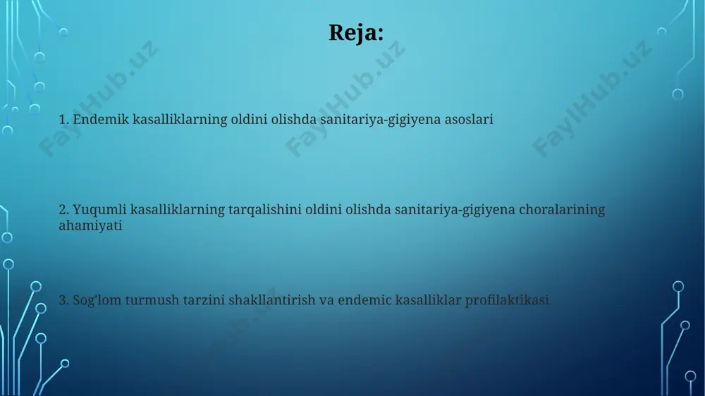 ing uzoq muddat davom etishiga olib keladi. endemik kasalliklarning tarqalishiga 70% gacha atrof-muhit omillari, jumladan, ifloslangan suv manbalari va sanitariya-gigiyena sharoitlarining yomonligi sabab bo'ladi. oziq-ovqat mahsulotlarining xavfsizligi va gigiyenasi oziq-ovqat mahsulotlarining 85% gacha qismi to'g'ri saqlash sharoitlariga rioya qilinmasa, 24 soat ichida mikrobial ifloslanishga uchraydi va iste’mol qilish uchun xavfli bo'lib qoladi. tovuq go'shti va baliq kabi tez buziladigan mahsulotlarni +4°c dan past haroratda saqlash orqali salmonellyoz va boshqa oziq-ovqatdan zaharlanish xavfini 90% ga kamaytirish mumkin. immunizatsiya va emlash dasturlari emlash dasturlari, bolalar o'limi ko'rsatkichini 90% ga kamaytirishga yordam beradi, bu yuqumli kasalliklarning oldini olishda muhim ahamiyatga ega. jahon sog'liqni saqlash tashkiloti (jsst) tomonidan tavsiya etilgan emlash kalendariga rioya qilish, kamida 12 ta asosiy yuqumli kasalliklardan himoya qiladi. gigiena asoslari va profilaktika choralarining ahamiyati toza suv ta’minoti va sanitariya-gigiyena sharoitlarining yaxshilanishi, ichak infektsiyalari kabi 5 ta asosiy yuqumli kasalliklarning tarqalishini 90% ga kamaytirishi mumkin. bolalarda emlash dasturlarini amalga oshirish va …