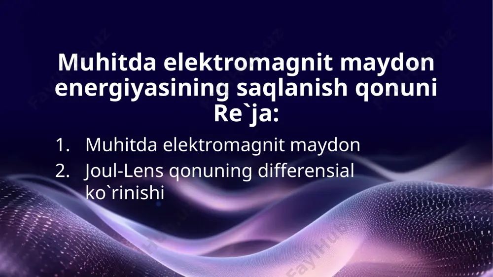 `ng tomondagi birinchi hadda ostrogradskiy-gauss teoremasiga asosanhajm bo'yicha integralni sirt bo‘yicha integralga aylantiramiz. u holda q=) dv (5) bu yerda d = e va b = h bog‘lanish tenglamalarini inobatga oldik. (5) muhitda elektromagnit maydon energiyasining saqlanish qonunini beradi. bu yerda q zaryadlarni ko‘chirishda vaqt birligida bajarilgan ish bo‘lib, joul-lentz issiqligini aniqlaydi. xususan, chiziqli o'tkazgichlar uchun bizga ma’lum bo‘lgan formulani olamiz: q=r (6) bu yerda r = l/js elektr qarshilik, i = j s tok kuchi. bu ifoda bizgama’lum bo'lgan joul-lentz issiqligi aniqlaydi. u holda q0=je=2 (7) bu ifoda joul-lentz qonunining differensial ko'rinishini beradi. e`tiboringiz uchun rahmat image6.png image1.png image11.png image15.gif image16.png image17.png image18.png image19.png image20.png image13.png image3.png image5.png /docprops/thumbnail.jpeg