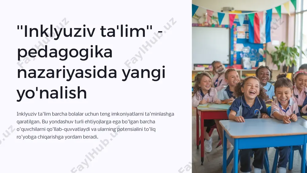 adaniyat vakillarini birlashtiradigan, hurmat va bag'rikenglikka asoslangan ijtimoiy-madaniy muhitni yaratish. o'quvchilarning shaxsiy rivojlanishini qo'llab-quvvatlash o'quvchilarning shaxsiy rivojlanishini qo'llab-quvvatlash, ularga o'z iste'dodlarini namoyish etish imkoniyatini yaratish va ularning muvaffaqiyatiga erishishga yordam berish. 5 inkluziv ta'lim - zaruriyat yoki imkoniyat? inkluziv ta'lim jamiyatimiz uchun muhim zaruriyatdir. bu har bir bolaning potentsialini ro'yobga chiqarish va jamiyatda teng huquqlarga ega bo'lish imkoniyatini beradi. inkluziv ta'lim barcha bolalarning o'qish va rivojlanish imkoniyatlarini tenglashtirishga qaratilgan. bu yondashuv har bir bolaning o'ziga xos ehtiyojlarini qondirishga imkon beradi. 6 inkluziv ta'lim amaliyoti rivojlanishining asosiy bosqichlari boshlang'ich bosqich bu bosqichda inkluziv ta'lim tushunchasi jamiyatga tanishtiriladi, asosiy tamoyillar va g'oyalar tushuntiriladi. siyosiy va huquqiy asoslar davlat tomonidan inkluziv ta'lim siyosati shakllantiriladi va tegishli qonun hujjatlari qabul qilinadi. ta'lim muassasalarining tayyorgarligi maktablar inkluziv ta'limga moslashtirilgan infratuzilma, o'quv resurslari va o'qituvchilarni tayyorlashni boshlaydi. dastlabki amaliyot o'quv dasturlari va o'qitish uslublari inkluziv ta'limga moslashtiriladi, ilk tajribalar o'tkaziladi. baholash va takomillashtirish inkluziv ta'lim amaliyoti …