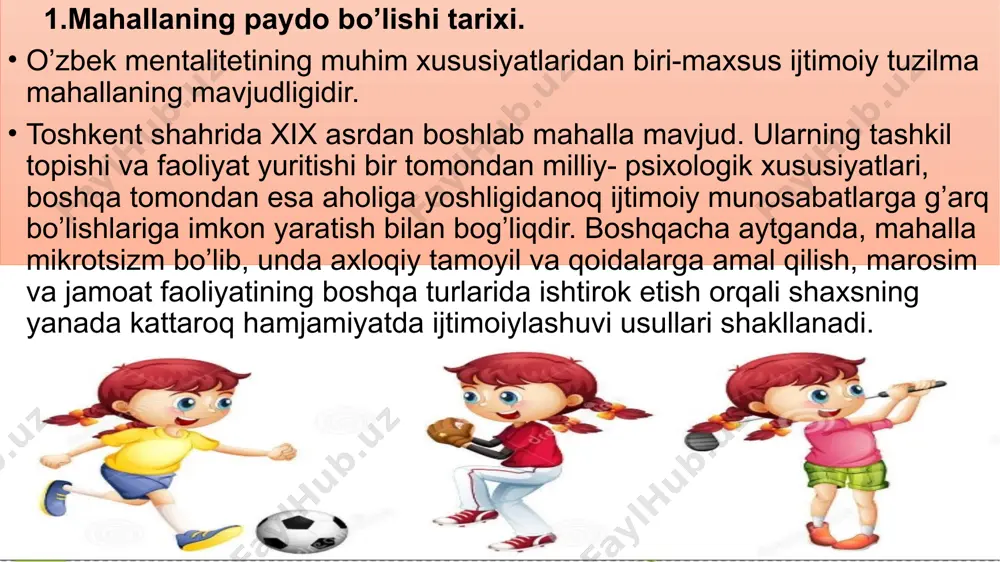 ir qator axloqiy tamoyillarga asoslanadi; -hokimiyatga ishonch va xizmat, shaxsiy namuna kuchi kattalarga hurmat, bolalar haqida g’amxo’rlik; -axloq va jamoatchilikning tarbiyasi amaliy faoliyatga kiritish orqali amalga oshiriladi; -ommaviy ong qadriyatlari mahalladan oila va shaxsga uzaytiriladi; -alohida shaxs hayotining asosiy bosqichlari jamoaning barcha a’zolari tomonidan kuzatuvda bo’ladi. 1. 3. 1. 3. 2.mahalla ijtimoiylashuvning an’anaviy omili sifatida. mahallaning an’analarni saqlab qolish va ularni yoshlarga yetkazish jamiyatni demokratiyalashning ilk davrlarida milliy qadriyatlarning tiklanishiga katta yordam bergan. yangi sharoitlarda mahalla o’z-o’zini boshqarish organi sifatida yangi mazmun va ahamiyatga ega bo’ldi. bunga o’zbekiston respublikasi prezidenti i.a.karimov tomonidan ham ta’kidlangan. mahalla maktablarining yuqori sinf o’quvchilarning ijtimoiy va ma’naviy qiyofalari ham ancha o’zgarib qoldi. ularning aksariyati muassasa, maktablarda tashkiliy ish tajribasiga egalar. oqsoqollarning aksariyat qismi savodxon, ularning ba’zilari ilmiy darajaga egadirlar. mahalla insonlarning axloqiy birlashuvi markazi bo’lishni davom ettirmoqda. bu avvalambor, mahalla qo’mitalari faoliyatlarining asosiy yo’nalishlaridan biri ijtimoiy mehnatlarni, shu jumladan obodonlashtirish bo’yicha ishlarni tashkil qilishda namoyon …