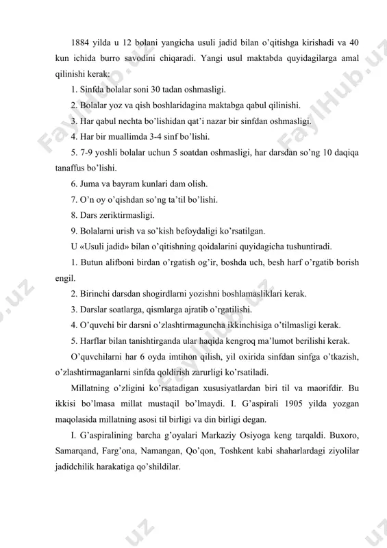 ildilar. ular tomonidan barcha fanlar uchun dasturlar ishlab chiqildi. 2-masala. mahmudxo’ja behbudiy, munavvar qori abdurashidxon o’g’li (1887-1931), abdulla avloniy (1878-1943) va boshqalarning pedagogik faoliyati va qarashlari turkistonda jadidlar harakati asoschilaridan biri jahonga mashhur bo’lgan o’zbekning yagona jug’rofiyashunosi, atoqli jamoat arbobi, buyuk islomshunos, ulug’ pedagog va axloqshunos, yuksak didli jurnalist mahmudxo’ja behbudiy 1874 yil 10 martda samarqandning baxshitepa qishlog’ida ruhoniy oilasida tavallud topdi. mahmudxo’ja behbudiy 6-7 yoshlarida xat-savod chiqargach, otasi uni qori qilish maqsadida qur’onni yodlata boshlaydi. mahmudxo’ja behbudiy qur’onni yod olgach, qorilik bilan qanoatlanmay 15 yoshlarida tog’asi mufti mulla odil huzurida dars olishga kirishishdi. bu erda u «kofiya», «shahri mullo», mantiqdan «shamsiya», «muhtasar al-vakoya», «hoshiya» va hisob ilmini ham o’rganadi. mahmudxo’ja behbudiy o’quvchilar orasida ibratli hisoblangan, o’tkir zehni va o’qishga havasi balandlardan edi. mahmudxo’ja behbudiy otasi vafot etganidan so’ng, o’qishni tark etib, kasbkorlik qilishga majbur bo’ladi. samarqand muzofati «chashmi ob» da endigina qozi bo’lgan tog’asi muhammad siddiq huzurida mirzolik xizmatida …