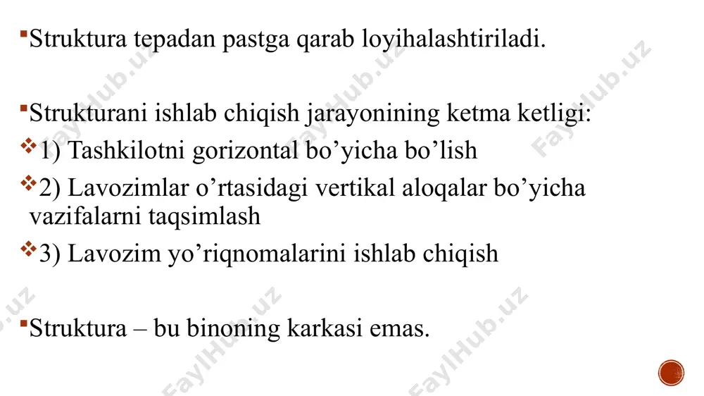 sh-ganligi va boshqa. har qanday tashkiliy tuzilmaning sifati uning shakllantirishda quyidagilarga qanchalik amal qilingani bilan aniqlanadi: tizimli yondoshuv, ya’ni boshqaruv ob’ekti va organiga ta’sir qiluvchi iloji boricha hamma faktorlarni hisobga olish; boshqaruv markazlashuvi va birlamchi zvenolar mustaqilligining optimal birligi; oliy rahbarlar to‘g‘ridan-to‘g‘ri ijro etuvchiga axborotni borishi va vaqtning maksimal qisqarishi; loyihalashtirilayotgan tuzilmada har bir tarkibiy qismning funksiyasi vazifasi va huquqini to‘g‘ri aniqlash; boshqarishning quyidagi asosiy tashkiliy strukturalari mavjud chiziqli struktura funksional struktura chiziqli funksional struktura chiziqli stabli struktura dasturli maqsadli struktura boshqaruvning asosiy tuzilmalari chiziqli funktsional chiziqli b2 sh r 1,1 b1 1,1 u2 f1 u1 f2 f1 r f2 f3 f4 f5 r1 f1 r2 f2 f4 1,1 2,1 3,1 u1 u3 u4 u5 u2 funktsional chiziqli shtabli shartli belgilar: r - rahbar, b - boshliq, u - usta, f - funktsional rahbar, sh - shtab, 1,1; 1,2; 1,3 – funktsional bo’limlar. boshqarishning asosiy tashkiliy tarkiblari boshqarishning tashkiliy strukturalari …