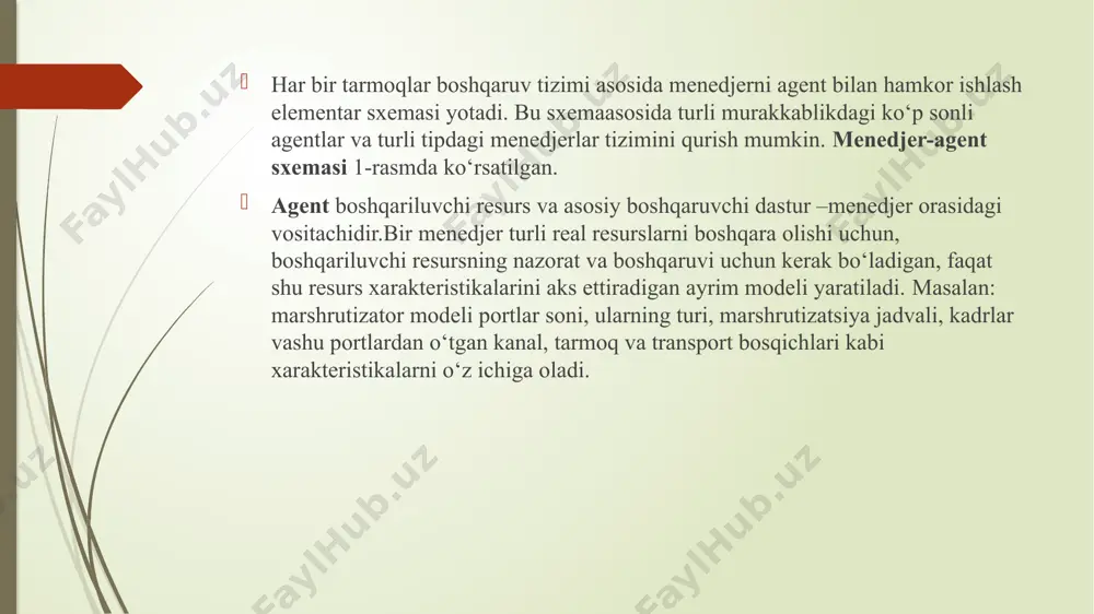 i talab qiladi va menedjer joylashgan tarmoqqa ma’lumot uzatish kanallarini xizmatkor boshqaruvchi axborotlar bilan ortiqcha yuklashga olib keladi. ikkinchidan bu yechim zarur ishlovlik darajasini ta’minlamaydi, ya’ni yakka menedjer ishdan chiqqanda tarmoqning boshqaruvi yo‘qoladi. uchinchidan, katta taqsimlovchi tarmoqqa har bir geografik punktda tarmoq o‘zi boshqaruvchi qismiga ega alohida operator yoki adminstratorni joylashtirish maqsadga muvofiq, bu esa har bir operator uchun alohida menedjer yordamida amalga oshirishga qulayroq. menedjer - agent sxemasi taqsimlovchi boshqaruv tizimlarini tarkibiy jihatdan murakkablarini tuzishga imkon yaratadi. 2-rasm. bir necha menedjer va ishchi stansiyalar asosida taqsimlangan boshqaruv tizimi. agent agent agent agent agent agent menedjer (server) ishchi stansiya (konsol) menedjer (server) menedjer (server) ishchi stansiya (konsol) menedjer (server) menedjer (server) agent agent menedjer (server) ishchi stansiya (konsol) odatda taqsimlangan boshqaruv tizimi mendjerga ruxsat beruvchi tarmoq operatori ishchi stansiyalari bilan to‘ldirilgan ko‘p sonli menedjer- agent bog‘lamini o‘z ichiga oladi (2-rasm). har bir agent ma’lumotlar yig‘adi va tarmoqning ma’lum elementini boshqaradi. …