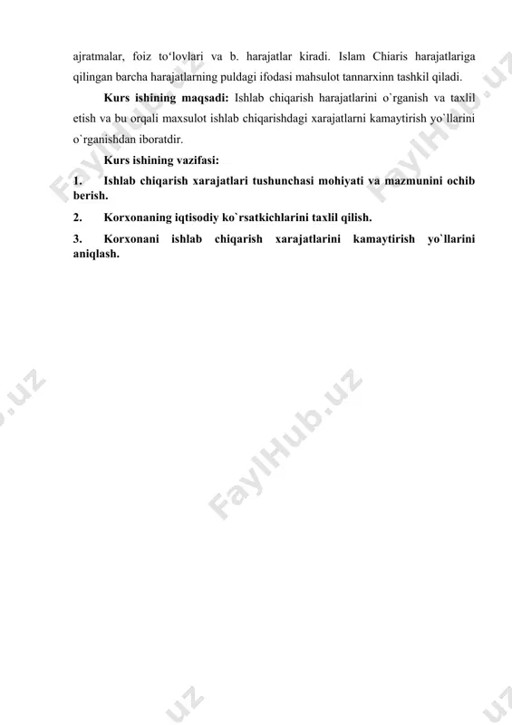 niladigan xoʻjalik buyumlarini ishlatish bilan bogʻliq boʻlgan harajatlar (yana q. muomala harajatlari). ko`rinib turibdiki, xo`jalikni yuritish va buning natijasida muayyan foyda olish o`z-o`zidan bo`lmaydi, balki talaygina sarf-xarajatlar evaziga amalga oshadi. ana shunday sarf-xarajatlarni, ya`ni ishlab chiqarish jarayonida sarflanadigan xarajatlarni ishlab chiqarish xarajatlari deb yuritiladi. bozor iqtisodiyoti sharoitida xo`jalik yurituvchi har qanday sub`yektning asosiy maqsadi foyda olishdir. biroq bu maqsadga erishish, birinchidan, iqtisodiy resurslar sotib olishga sarflangan xarajatlar bilan belgilansa, ikkinchidan, ishlab chiqarilgan mahsulotga bo`lgan talab bilan chegaralanadi. binobarin, ishlab chiqarish xarajatlari foyda miqdorini belgilab beruvchi omil bo`lib qolmay, taklif hajmiga ham bevosita ta`sir etadi. shuning uchun bu xarajatlarni rejalashtirish, hisobga olish va doimo tahlil qilib borish firma (korxona)ni oqilona boshqarish va uning moliya-xo`jalik faoliyati samaradorligini oshirishning muhim omili bo`lib xizmat qiladi. har qanday ishlab chiqarish firma (korxona)si oldida turadigan muhim vazifa, bu – umuman ishlab chiqarish xarajatlarini kamaytirish emas, balki mahsulot birligiga sarflanadigan xarajatlarni kamaytirishdan iboratdir. firmaning bir oyda (yoki …