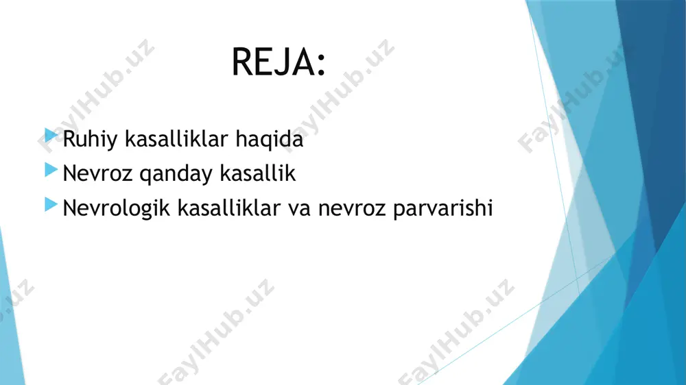 lmagan va psixik buzilishlar natijasida orttirilgan bo‘lishi holatlari ham mavjud. nevroz turlari isteriya (yun. hystera — bachadon; yunonlar isteriyani bachadonning zararlanish oqibati deb bilishgan) — asabiy-ruhiy kasallik; nevrozlar guruhiga kiradi, ruhiyat, harakat, sezuvchanlik va ichki aʼzolar faoliyatining funksional buzilishlari bilan ifodalanadi. i. p. pavlov taʼbiricha, asabi zaif kishilar isteriyaga moyil boʻladi. bosh miya poʻstlogʻidagi tormozlanish va qoʻzgʻalish jarayonlarining buzilishi va ishdan chiqishi asab faoliyatining turli buzilishlariga olib keladi; ular baʼzan isterik reaksiyalar koʻrini-shida kechadi. isteriya belgilari 3 guruh simptomlar bilan ifodalanadi: harakat, sensor (sezgi) va vegetativ buzilishlar. harakat buzilishlari — giperkinezlar (qaltirash, silkinish, tutqanoq tutishi, falajlanish, maʼlum guruh muskullarining uchishi, sezuvchanlikning buzilishi) bilan namoyon boʻladi. psixasteniya (psixo... va asteniya) — ruhiy zaiflik. 1) nevrozning bir xili, bunda kishi miyasi taxlikali oʻy-fiqolar bilan band boʻladi; 2) kishi harakteridagi patologik holat (ncuxopatiyanmng bir turi); oʻz-oʻziga ishonmaslik, hamma narsadan shubhalanish, vasvasa, vahimaga tushish. bunday kishilarda jurʼatsizlik, qatʼiyatsizlik, ikkilanuvchanlik kuzatiladi. doimiy ishoncheizlik, qoʻrquv ularni …
