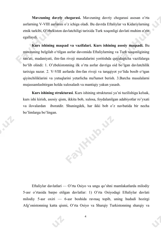 miyatida mulkiy tabaqalanish mavjud edi. eftaliylar kuchli, asosan, otliqlardan iborat qo’shinga ega bo’lgan. eftaliylar orasida poliandriyaning shakllaridan biri hukm surgan. eftaliylar o’t va quyoshga sig’inishgan, o’rta osiyodagilar esa — budsaviylik, manixeylik, xristianlik, zardushtiylikka e’tiqod qilishgan; 2) eftaliylar hindistonga bostirib kirishi natijasida vujudga kelgan. shim. hindiston, pokiston va jan.sharqiy afg’oniston hududidan iborat bo’lgan. . hindistondagi eftaliylar davlati milodiy 5-asroxiri — 6-asrning 1-yarmida, to’ramon va uning vorisi mixirakula davrida kuchqudratga to’lib, ravnaq topgan. 6-asr o’rtalariga kelib tanazzulga yuz tutgan. 1.1. eftaliylar davlatining tashkil topishi va uning tarix sahnasida tutgan o’rni. mamlakatimiz hududida ilk o’rta asrlar davrida tashkil topgan yirik davlatlardan biri eftaliylar davlatidir. eftaliylarning etnik jihatdan qaysi qabila-xalqqa mansubligi va qaysi tilda so’zlashganliklari to’g’risida fan olamida har xil fikrlar bor. ammo aksariyat ko`pchilik olimlar eftaliylarni mil. avv. i asr bilan milodiy iv asr o`rtalarida ettisuvdan va yanada sharqroqdagi tumanlardan orol dengizi bo’ylariga kelib qolgan xunnlar bilan aralashib ketgan holda xun qabilalaridan turkiy …