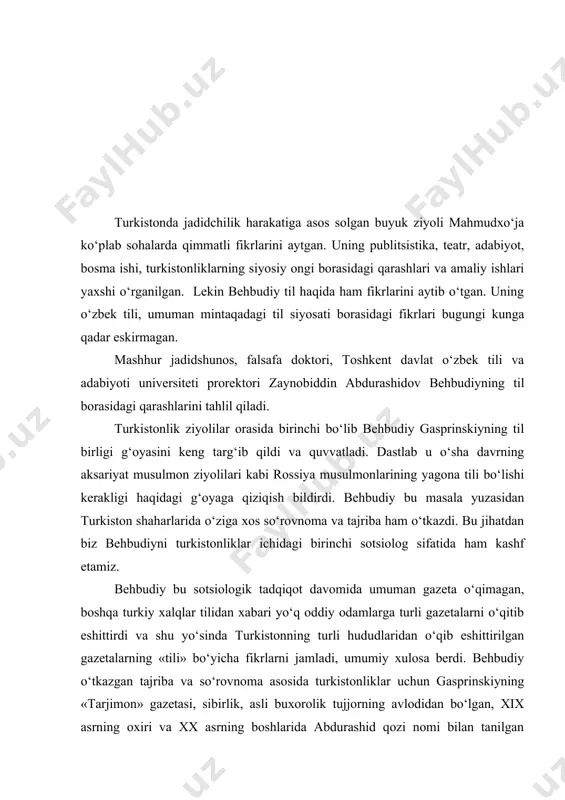 lning qorishiq shakli ishlatiladi; rasmiy idoralarga arizalar turkiyda yoziladi; shar’iy fatvolar forsiyda yozilib, turkiyda qayd qilinadi va bu usulga butun turkistonda amal qilinadi. behbudiy maqolasining so‘ngida keltirgan isbot va dalillariga tayangan holda turkiston maktablarida ham turkiy, ham forsiy birga o‘qitilishi maqsadga muvofiq degan xulosa berdi. behbudiy (umum)turkiy tilni «tarjimon» gazetasi vositasida o‘zlashtirganini bayon qilar ekan, «ona tilim forsiydir, yozgan turkchamni ruhoniy hojam ‘tarjimon’ sahifalaridan tahsil etdim», degan fikri bilan o‘rtoqlashadi. bu esa gasprinskiy taklif qilayotgan (umum)adabiy yoki (umum)turkiy til yaratilganidan darak beradi. shuningdek, gasprinskiy nashr etgan «tarjimon» gazetasining turkiston o‘lkasidagi e’tiborini «usuli jadida nomi bilan isloh qilingan va ochilgan maktablar muhtaram ‘tarjimon’ ta’sirida alifbodan oxiriga qadar turkcha dars berib, turkistonda turkchaning yoyilishiga xizmat qilgan»ida ham ko‘rish mumkin. bu so‘zlar ham behbudiyga taalluqli. begali qosimov imperiya musulmonlari, xususan, turkiston o‘lkasining taraqqiy etgan millatlar qatoriga qo‘shilishi va oxir-oqibat mustaqillikka erishishi yo‘lidagi kurashda behbudiyni gasprinskiy bilan bir maslakda bo‘lganini ta’kidlaydi. bu maslak gasprinskiy …