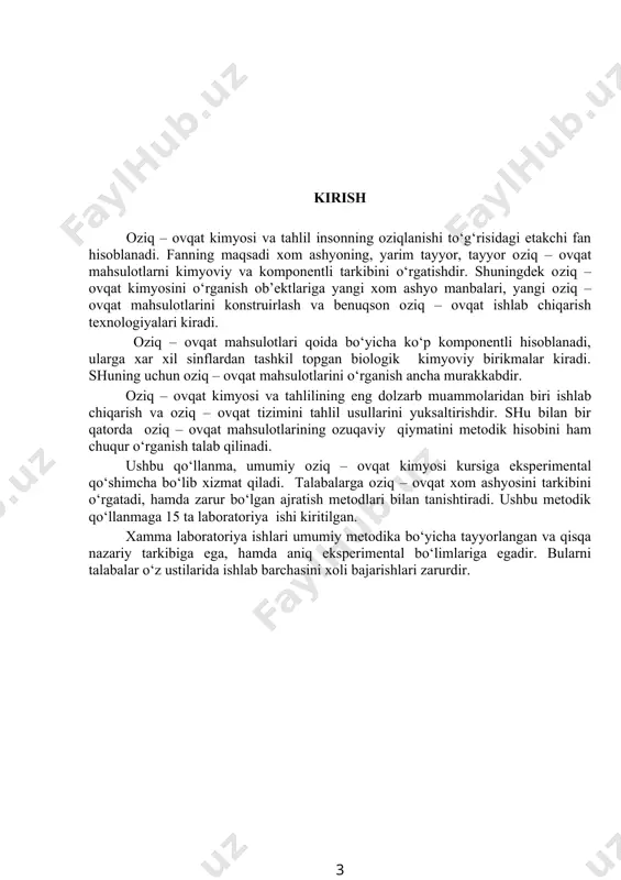 lib xizmat qiladi. talabalarga oziq – ovqat xom ashyosini tarkibini o‘rgatadi, hamda zarur bo‘lgan ajratish metodlari bilan tanishtiradi. ushbu metodik qo‘llanmaga 15 ta laboratoriya ishi kiritilgan. xamma laboratoriya ishlari umumiy metodika bo‘yicha tayyorlangan va qisqa nazariy tarkibiga ega, hamda aniq eksperimental bo‘limlariga egadir. bularni talabalar o‘z ustilarida ishlab barchasini xoli bajarishlari zarurdir. 1 - laboratoriya ishi. oziq-ovqat mahsulotlari tarkibidagi namlik miqdorini aniqlash. ishning maqsadi: namlikni quritish usuli orqali aniqlashni o‘zlashtirish; tekshirilayotgan mahsulotlarda quruq moddalar massa ulushini aniqlash. idish va asboblar: 10 ml xajmdagi byukslar; pipetkalar, doka, analitik tarozi, quritish shkafi, quritgichli eksikator. byukslar pipekalar analitik taroz quritish shkafi quritgichli eksikatorlar suv. suv – hayot manbaidir. inson tanasining 2/3 qismi suvdan tashkil topgan. masalan¸ suvning miqdori qonda - 83%, miyada - 75%, muskullarda – 75%, terida - 72%, suyaklarda – 22% bo‘ladi. hayvonlar organizmini 70% ni suv tashkil topgan. inson suvsiz 2 sutkadan ortiq yasholmaydi, ovqatsiz esa bir necha hafta yashashi …