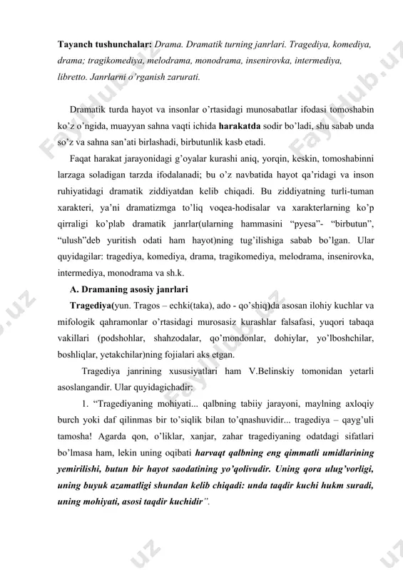 ti, asosi taqdir kuchidir”. 2. tragediya “asosida buyuk haqiqat, yuksak donolik yotadi. kurashda o’lgan yoki g’alabada halok bo’lgan qahramonga biz chuqur qayg’uramiz. lekin bu kurashsiz, bu halokatsiz u qahramon bo’lmasligini, o’z shaxsiyati bilan abadiy substansial kuchlarni, jahonni va o’zgarmas borliq qonunlarni amalga oshira olmasligini bilamiz”. 3. “buyuk axloqiy vazifalarni hal qilish uchun taqdir eng asl ruhlarni, kishilik dunyosi boshida turgan yuksak ruhli shaxslarni, axloqiy dunyoning tiragi bo’lgan substansial kuchlarni o’zida gavdalantirgan qahramonlarni tanlaydi. faqat oliy tabiatli odam tragediyaning qahramoni yoki qurboni bo’la oladi; voqyelikning o’zida ahvol shunday”. 4. “har qanday tragediyadan mash’um halokatni yo’qoting, siz bu bilan uni buyuklikdan, butun ma’nodan mahrum qilasiz, buyuk asardan oddiy bir narsa yasaysiz, u birinchi galdayoq o’zining butun nafis kuchini yo’qotadi”. 5. “tragediya ko’proq sun’iy asardir”. “mana shuning uchun tarixiy shaxslarni buzib ko’rsatishga oz yo’l qo’yilsa ham; tragediyaning go’yo qat’iy huquqidir, bu uning mohiyatidan kelib chiqadi. tragediyachi o’z qahramonini ma’lum tarixiy vaziyatda ko’rsatishni istaydi: …