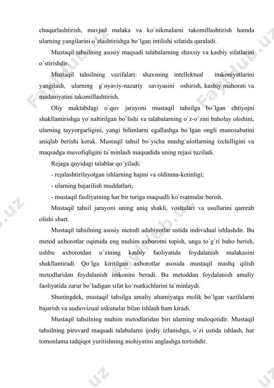 iyatga molik bo`lgan vazifalarni bajarish va audiovizual uskunalar bilan ishlash ham kiradi. mustaqil tahsilning muhim metodlaridan biri ularning muloqotidir. mustaqil tahsilning pirovard maqsadi talabalarni ijodiy izlanishga, o`zi ustida ishlash, har tomonlama tadqiqot yuritishning mohiyatini anglashga tortishdir. a d a b i y o t l a r : 1. rahmatullaev sh. hozirgi o`zbek adabiy tili. toshkent, 1992. 2. rahmatullaev sh. o`zbek tilining yangi alifbosi va imlosi. toshkent, 1999. 3. jamolxonov h. hozirgi o`zbek adabiy tili. toshkent, 2005. 4. jamolxonov h. grafika va orfografiya. ma`ruzalar matni. toshkent, 1999 5. shoabduraxmonov sh va boshqalar. hozirgi o`zbek adabiy tili. toshkent, 1980.