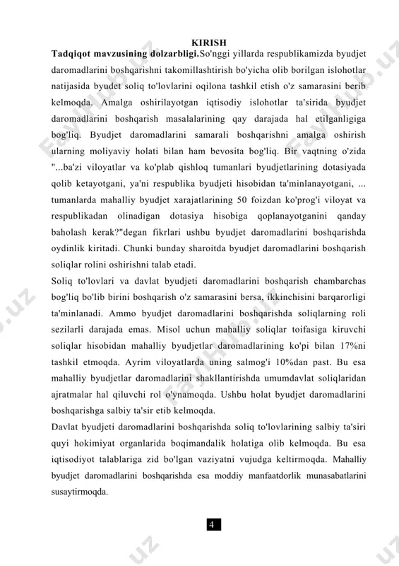 larini oshirishga qaratilgan hozirda amalga oshirilayotgan chora tadbirlar, iqtisodiy islohotlar va byudjet tizimi, shu jumladan mahalliy byudjetlarining, daromadlarini boshqarish jarayonlari hisoblanadi. tadqiqotning predmeti. byudjet daromadlarini boshqarish jarayonida vujudga keladigan iqtisodiy munosabatlaridan ibarat. tadqiqot metodlari: tadqiqotni amalga oshirishda kuzatish, umumlashtirish, guruhlash, taqqoslash iqtisodiy-tahlil, tahlil va sintez, tizimli yondashuv, taqqoslama iqtisodiy va statistik tahlil usullari qo'llanildi. tadqiqot natijalarining ilmiy va amaliy ahamiyati. mdda ilgari surilgan ilmiy-nazariy va amaliy g'oyalar hamda ishlab chiqilgan taklif va tavsiyalardan byudjet daromadlarini boshqarishda borasidagi masalalarini hal etishda, xususan, respublikaning byudjet tizimidagi vaziyatni kompleks yaxshilash maqsadida ishlab chiqiladigan maxsus dasturlarni yaratishda foydalanish mumkin. shuningdek, tadqiqot natijalaridan davlat ta'lim standartlariga muvofiq "moliya", "soliqlar va soliqqa tortish" va boshqa bakalavriat ta'lim yo'nalishlari fanlarini o'qitishda ham foydalansa bo'ladi. tadqiqot ishining tarkibiy tuzilishi. magistrlik dissertasiyasi tarkibiy jihatdan kirish, uch bob, xulosa va takliflar, foydalangan adabiyotlar ro'yxatidan iborat bo'ladi. 1-боб. бюджет даромадларини шакллантиришнинг назарий ва илмий асослари 1.1. бюджет даромадларининг иқтисодий моҳияти ва …