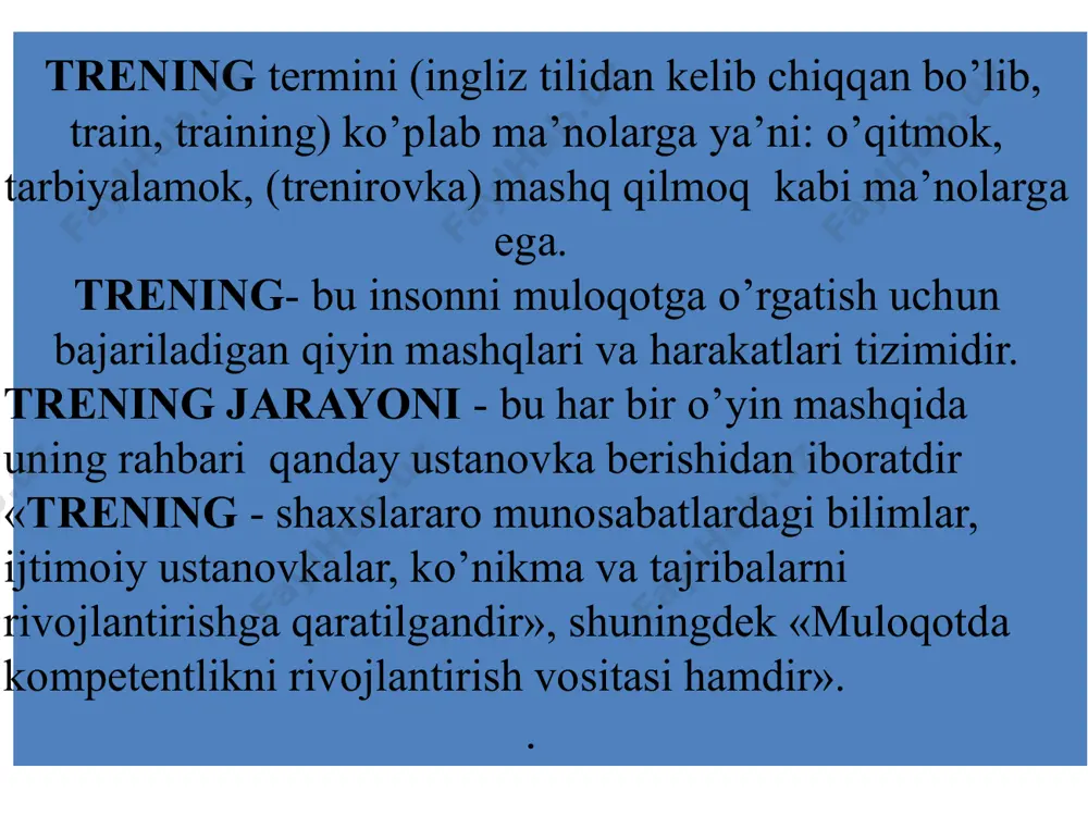 y psixologik bilimdonligini oshirish; 2)muloqot (muomala) faoliyatida namoyon bo‘ladigan yaqqol bilimlar malakalar va ko‘nikmalarni hosil qilish; 3)samarali muloqotda namoyon bo‘ladigan zarur sifatlar, ijtimoiy ustanovkalarni shakllantirish; 4)noadekvatlarini korreksiya qilish; 5)o‘zini-o‘zi to‘laroq anglash, bilish; 6)hamda o‘zgalarga nisbatan to‘g‘ri munosabatlarini shakllantirish qobiliyatini o‘stirish. birinchidan, har bir treningning maqsadiga oydinlik kiritilayotganda, uning qaysi toifali kishilarga mo’ljallanganligiga qarab taxlil qilish kerak. masalan, ayrim psixodramatik o’yinlarda kattalar va kichiklar, erkaklar va ayollar, xattoki, turli kasb egalari va nasab vakillari aralash ikkinchidan, treningda ishtirokchilarning yashash shart-sharoitlari, yashash xududi ham hisobga olinishi zarur. masalan, shahar va qishloq ishchilar shaharchasi vakili bilan dehqonlar o’rtasidagi muloqotlardan tez samara olish ham oson emas. uchinchidan, o’yin usullarini t-guruhlarda qo’llashda ham kutilgan natijaga erishish uchun milliy qadriyatlar, milliy ta'b va did hisobga olinishi kerak. kattalar guruhida o’yinni tashkil etish uchun guruh ishtirokchilarini ko’proq psixoemotsional ko’nikishlariga imkon yaratish, bir-birlarini yanada yaxshi tanib olishlariga sharoitlar yaratish zarur ayni kunlarda asabiylashish holatlari kuzatilayotgan quyidagi kishilar guruhini …