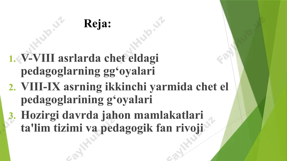 ra bilish. beshinchi qoida – samimiyat, pok niyat, ҳur fikir, saxiylik va vijdonililik. jon lokning pedagogika qarashlari jon lokk insonda tug‘ma g‘oyalar yo‘q deb hisoblagan. u "bo‘sh varaq" bo‘lib tug‘iladi va o‘z his-tuyg‘ulari orqali atrofdagi dunyoni ichki tajriba - aks ettirish orqali idrok etishga tayyor deb xisoblaydi. "odamlarning o‘ndan to‘qqiz qismi faqat ta'lim orqali bo‘ladi." tarbiyaning eng muhim vazifalari: xarakterni rivojlantirish, irodani rivojlantirish, axloqiy intizom. ta'limning maqsadi - o‘z ishini oqilona va ehtiyotkorlik bilan olib borishni biladigan jentelmenni, tadbirkor, ishbilarmon shaxsni tarbiyalashdir. lokk ta'limning yakuniy maqsadini sog‘lom tanada sog‘lom ongni ta'minlashda ko‘rgan yan амоs камеniskiy chexoslovakiyalik gumanist-pedagog yan amos komenskiy didaktik ta'limotning poydevorini qurgan u o‘zining qariyb 80 yillik umri davomida pedagogika, ta'limtarbiya, falsafa, ilohiyotga oid 250 dan ortiq asarlar, darsliklar yaratdi. bulardan yiriklari: «tillar va hamma fanlarning ochiq eshigi» «buyuk didaktika», «onalar maktabi» , «pansofiya (o‘qituvchilar) maktabi» , «yaxshi tashkil etilgan maktab konunlari», «hislar vositasi bilan idrok qilinadigan narsalarning …
