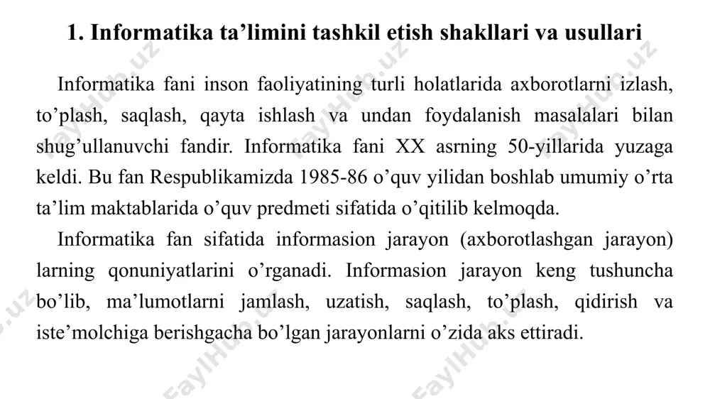 ssasini qo’shadi. hozirgi vaqtda respublikamizda informatika fanini o’rganish uch bosqichda olib boriladi: 1. umumiy o’rta ta’lim bosqichi. bu bosqichda informatika kursning tanishuv qismi amalga oshiriladi va kursning nomi informatika va hisoblash texnikasi asoslari deb nomlanadi. 2. o’rta maxsus va kasb-hunar ta’limi bosqichi. bu bosqichda informatika kursi to’liq o’rganiladi va kurs ikkita alohida fan sifatida («informatika» va «axborot texnologiyalari») faoliyat ko’rsatadi. 3. oliy ta’lim bosqichi. bu bosqichda informatika fani to’liq o’rganilib, turli sohalarga qo’llash masalalari hal qilinadi. bu bosqichlarda informatika fanini o’rganish ketma-ketligi davlat ta’lim standartlari va o’quv dasturlari asosida yo’lga qo’yilgan va ular bir-birining davomi sifatida faoliyat ko’rsatadi. informatika fanidan o’quv jarayonini tashkil qilish uchun fan uchun ta’lim muassasalariga mo’ljallangan dts va o’quv dasturlari, darsliklar, o’quv va uslubiy qo’llanmalar, yillik ishchi o’quv dasturlar va rejalar, bir soatlik dars rejasi va dars ishlanmalari, kompyuter sinfi va axborot texnologiyalar vositalari, ko’rgazmali vositalar kerak bo’ladi. har bir informatika o’qituvchisi dars o’tishi uchun yuqorida …