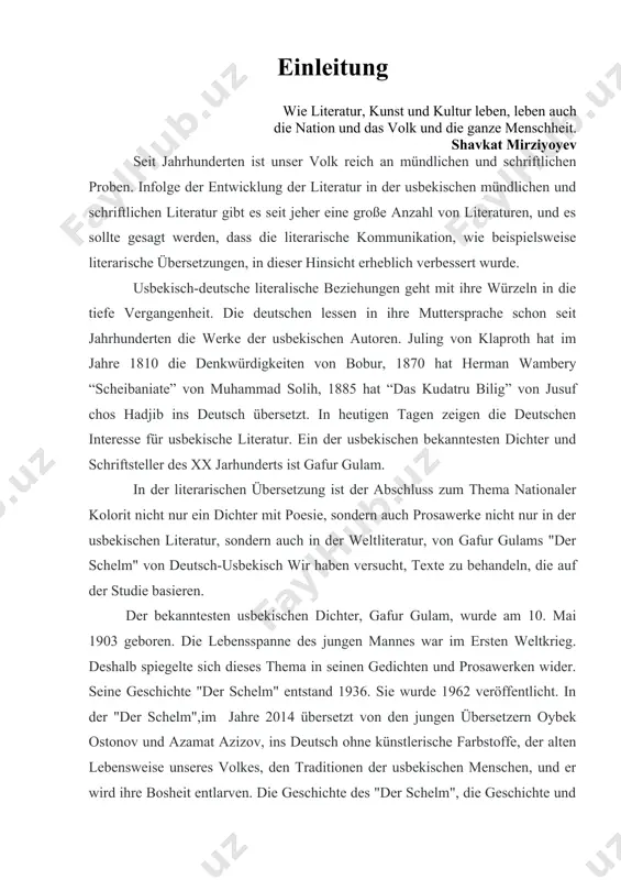t. besonderes augenmerk wurde auf den fremdsprachenunterricht gelegt. das dekret des präsidenten von usbekistan ist in dieser hinsicht ein programmierbarer akt. kurz gesagt, usbekistan erweist sich auf der weltkarte als eines der industrieländer. gleichzeitig sind unsere erfolge in der wissenschaftswelt erfreulich. in diesem zusammenhang werden künstlerische, politische und publizistische werke aus usbekisch in fremdsprachen oder umgekehrt aus fremdsprachen in die usbekische sprache übersetzt. das thema der qualifikationsarbeit ist "der nationalen kolorit in der übersetzung", die viele usbekische und ausländische literatur, internet und terminologische wörterbücher. in nationalen kolorit gehӧrt nationale gerichte (manti, lagman, moschkitschiri, moschchurda), nationale kleidung(jaktak), sitten und brӓuche, feste (navruz) und andere. nicht umsonst sagen: andere lӓnder―andere sitten. seit jahrhunderten haben die usbeken exquisite und vielfältige formen der mündlichen und schriftlichen literatur geschaffen. infolge der entwicklung der mündlichen und schriftlichen literatur, der literatursprache und der literatur haben sich in der vergangenheit viele literarische begriffe gebildet. es bedeutet nicht, dass …