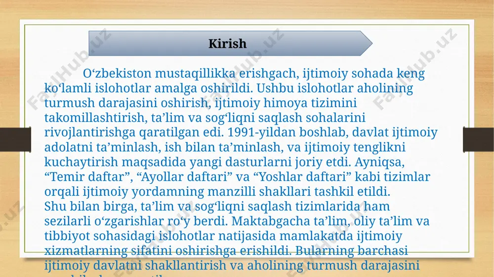 aholining ehtiyojlari aniqlanib, tegishli yordamlar ko‘rsatiladi. 3. ijtimoiy himoya milliy agentligi 2023-yilda tashkil etilgan ijtimoiy himoya milliy agentligi davlat siyosatini amalga oshirish, ijtimoiy himoya tizimini boshqarish va rivojlantirishga mas'ul organ sifatida faoliyat yuritadi. agentlik ijtimoiy xizmatlar sifatini oshirish va tizimni samarali boshqarish uchun zarur chora-tadbirlarni amalga oshiradi. 4. ijtimoiy himoya jamg‘armalari "ayollar daftari", "yoshlar daftari" va "saxovat va ko‘mak" jamg‘armalari orqali ehtiyojmand guruhlarga moliyaviy yordamlar, grantlar va boshqa qo‘llab-quvvatlash choralari taqdim etiladi. masalan, nogironligi bo‘lgan yoshlar uchun sport turlariga qatnashish xarajatlari qoplanadi. ta’lim va sog‘liqni saqlash tizimidagi islohotlar ta’lim sohasidagi islohotlar: 2023 yil — “insonga e’tibor va sifatli ta’lim” yili: prezident shavkat mirziyoyev 2023 yilni “insonga e’tibor va sifatli ta’lim” yili deb e’lon qildi. bu qaror ta’lim tizimini modernizatsiya qilish va sifatini oshirishga qaratilgan islohotlarni jadallashtirishni maqsad qilgan. umumiy o‘rta ta’limda yangi dasturlar: 2023/2024 o‘quv yilidan boshlab umumiy o‘rta ta’lim muassasalarida o‘quvchilarga ikkita xorijiy til va bitta kasb-hunar o‘rgatish amaliyoti …