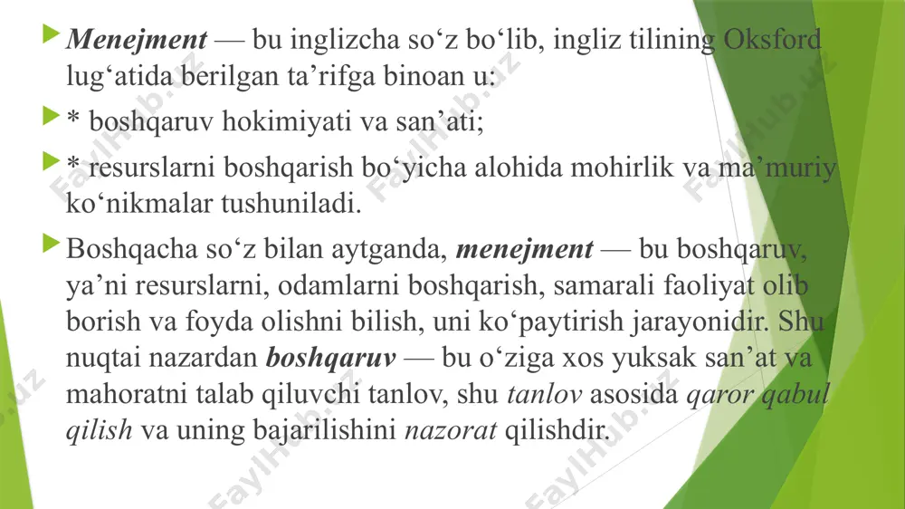 s, tarkibiy yondashuvlar)ni birgalikda qo‘llash yordamida boshqariladi 6. modellashtirish usuli * boshqariluvchi obyektni boshqarish bo‘yicha turli sxema, grafik va chizmalar, xomaki materiallar tayyorlanadi 7. iqtisodiy – matematik yondashuv * optimal qaror qabul qilish maqsadida matematik uslublar va hisoblash mashinalarini keng miqyosda qo‘llash 8. kuzatish usuli * boshqariluvchi obyekt to‘g‘risidagi ma’lumotlarni rejali, ilmiy, uyushtirilgan asosda to‘plash usuli 9. eksperiment (tajriba) usuli * boshqarish jarayonida boshqariluvchi obyektga nisbatan namunaviy tajribadan o‘tgan usullarni qo‘llash 10. ijtimoiy (sotsiologik) kuzatuv usuli * boshqarish maqsadida turli anketali so‘rovlar, suhbatlar, testlar, infratuzilmaviy tahlillarni o‘tkazish menejmentning o‘rganish obyekti boshqaruv faoliyatiga doir iqtisodiy hodisa va jarayonlar, firma ishini samarali tashkil etish xususiyatlari, boshqaruvning amaldagi zamonaviy shakl va usullari, uning kelajak istiqbollari tashkil etadi. bunda menejment nazariyasining rivojlanish tendensiyasi, uni tashkil etish tamoyillari va usullari, motivatsiya va boshqaruv samaradorligi masalalari obyekt sifatida o‘rganiladi. menejment obyekti va subyekti menejment № obyekti (boshqariluvchi hodisa, voqelik) subyekti( boshqaruv organi, rahbarlik) 1 2 3 …