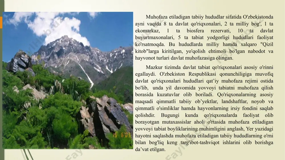 da iqtisodiy-ijtimoiy muammolar mavjudligini, hukumat uchun davlat byudjetidan muhofaza etiladigan tabiiy hududlarni samarali faoliyat yuritishlari uchun etarli mablag’lar yo’naltirish qiyinligini e’tiborga olgan holda, muhofaza etiladigan tabiiy hududlarni boshqarishga mutasaddi bo’lgan hukumat tashkilotlari muhofaza etiladigan tabiiy hududlarning samarali faoliyati va biologik xilma-xillikni saqlab qolish uchun yangi usullarni izlamoqdalar. shuni ham e’tiborga olish kerakki, biologik xilma-xillikni muhofaza etiladigan tabiiy hududlar orqali saqlab qolish uchun davlat byudgetidan ajratiladigan mablag juda ham ko’p harajatlidir. 2004 yil dekabrda www.arxiv.uz o`zbekiston respublikasining “muhofaza etiladigan tabiiy hududlar to’g’risida”gi yangi qonuni qabul qilindi. ushbu qonun biologik xilma-xillikni saqlab qolishga qo’shimcha mablag`larni jalb etish imkoniyatini yaratdi. ushbu loyiha qo’riqxonalar boshqaruvida yangicha usullarni qo`llash imkoniyatlarni beradi, bu o’z navbatida yuzaga kelgan imkoniyatlardan samarali foydalanishga olib keladi. amaldagi qonunchilikda mahalliy aholini keng jalb gilgan holda va ularning manfaatlarini inobatga olgan holda muhofaza etiladigan tabiiy hududlarni boshqarishda yangicha mexanizmni qo`llash imkoniyatlari mavjud. respublika hududida bir qator global ahamiyatga ega bo’lgan o’simlik va …
