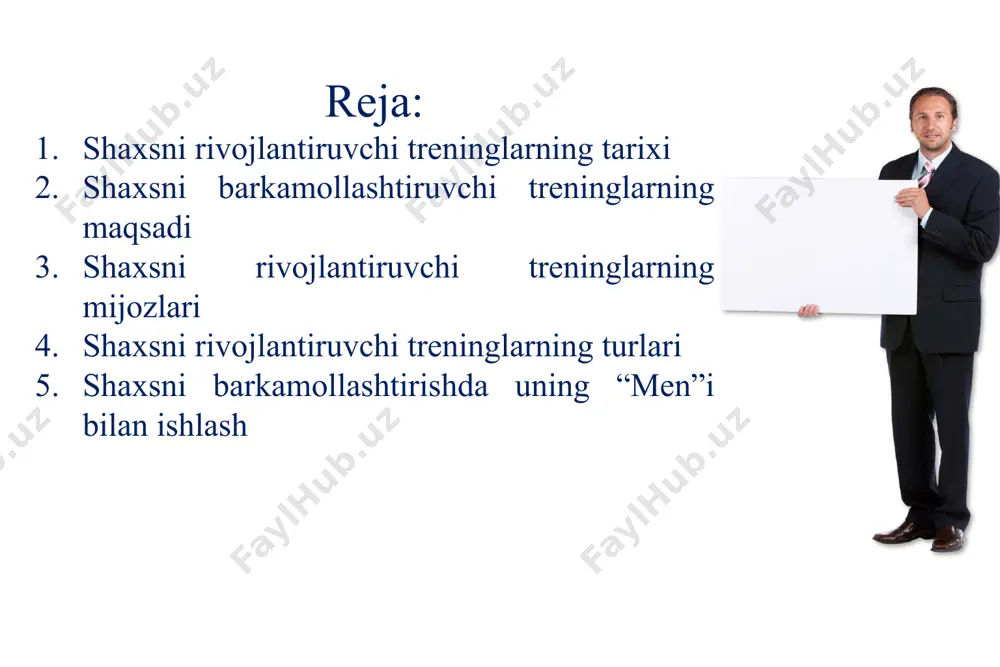 enn patrik a.everettning “aql dinamikasi” shirkatini sotib oladi va o‘zining trening shirkatiga qo‘shadi. buning natijasida “tansformasion trening” shirkati rivojlanadi. biroq uilyam penn patrikning atir-upalar bilan savdo qiluvchi do‘konlarining marketing ishlari noqonuniy hisoblanib yopiladi. bu esa “aql dinamikasi” trening shirkatining ham ish faoliyati to‘xtatilishiga olib keladi. bu yo‘nalishdagi treninglar rossiyaga xx asrning 90-yillarida g‘arbdan kirib kelgan. bizda esa bu yo‘nalishdagi treninglar hali yetarli darajada rivojlangani yo‘q va deyarli o‘tkazilmaydi, deyish mumkin. 2. shaxsni barkamollashtiruvchi treninglarning maqsadi shaxsni barkamollashtiruvchi treninglarning asosiy maqsadi – shaxs, inson potensialini har tomonlama rivojlantirish, qirralarini ochish, dunyoqarashini o‘zgartirish, uning omadli va baxtli bo‘lishiga to‘sqinlik qiluvchi faoliyat stereotiplarini o‘zgartirishga qaratilgan psixologik treninglardir. “shaxsni barkamollashtiruvchi treninglar o‘z ishtirokchilariga nima beradi?”, degan savolga quyidagicha javob berish mumkin: 1 shaxsning o‘ziga nisbatan ishonchini oshirish imkonini beradi. 2 stressli vaziyatlar va krizislardan iloji boricha kamroq yo‘qotishlar bilan chiqib ketishga o‘rgatadi. 3 kommunikativ ko‘nikmalarni yaxshilaydi, muloqot va xulq-atvorda effektiv strategiyasini o‘rgatadi. 4 o‘z …