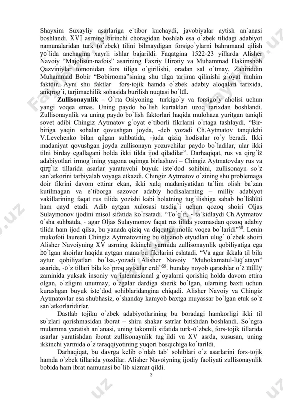 , zahiriddin muhammad bobir “bobirnoma”sining shu tilga tarjima qilinishi g`oyat muhim faktdir. ayni shu faktlar fors-tojik hamda o`zbek adabiy aloqalari tarixida, aniqrog`i, tarjimachilik sohasida burilish nuqtasi bo`ldi. zullisonaynlik – o`rta osiyoning turkigo`y va forsigo`y aholisi uchun yangi voqea emas. uning paydo bo`lish kurtaklari uzoq tarixdan boshlandi. zullisonaynlik va uning paydo bo`lish faktorlari haqida mulohaza yuritgan taniqli sovet adibi chingiz aytmatov g`oyat e`tiborli fikrlarni o`rtaga tashlaydi. “bir- biriga yaqin sohalar qovushgan joyda, -deb yozadi ch.aytmatov tanqidchi v.levchenko bilan qilgan suhbatida, -juda qiziq hodisalar ro`y beradi. ikki madaniyat qovushgan joyda zullisonayn yozuvchilar paydo bo`ladilar, ular ikki tilni birday egallagani holda ikki tilda ijod qiladilar”. darhaqiqat, rus va qirg`iz adabiyotlari irmog`ining yagona oqimga birlashuvi – chingiz aytmatovday rus va qirg`iz tillarida asarlar yaratuvchi buyuk iste`dod sohibini, zullisonayn so`z san`atkorini tarbiyalab voyaga etkazdi. chingiz aytmatov o`zining shu problemaga doir fikrini davom ettirar ekan, ikki xalq madaniyatidan ta`lim olish ba`zan kutilmagan va e`tiborga sazovor adabiy …