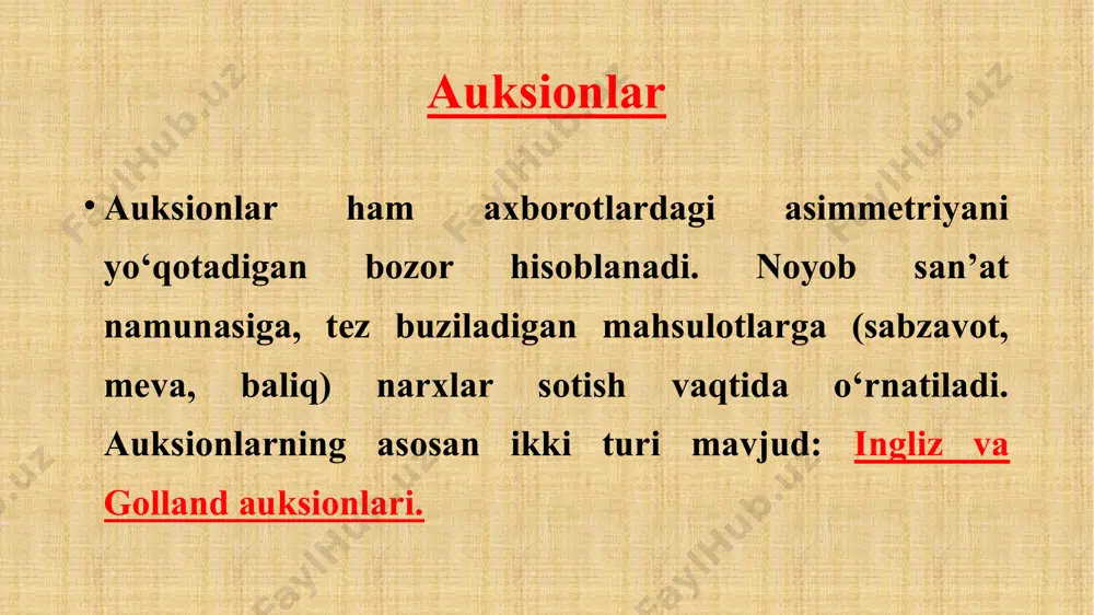 i shunday noaniqlik sharoitida iste’molchilar tomonidan ham, ishlab chiqaruvchilar tomonidan ham, sotuvchi va xaridorlar tomonidan qaror qabul qilishga to‘g‘ri keladi va bu qabul qilingan qarorlar albatta, ma’lum darajadagi tavakkalchilik (yo‘qotishlar) bilan bog‘liq bo‘lishi mumkin. noaniqlik cheklangan таваккалчиликни ўлчаш. таваккалчиликни ўлчашнинг асоси эҳтимол тушунчаси билан боглиқ. америкалик олим ф.найт (1885-1974) эҳтимолни икки турга бўлади: математик, яъни олдиндан аниқлаш мумкин бўлган эҳтимол ва статистик эҳтимол. биринчи тур эҳтимолга танганинг рақам ёки герб томонини тушиш эҳтимоли 1/2 га тенглиги ёки ўйнайдиган олти қиррали тошнинг олтита рақамидан биттасини тушиши эҳтимолининг 1/6 га тенглиги мисол бўлиши мумкин. иккинчи турдаги эҳтимолни эмпирик, яъни фараз қилиш йўли орқали аниқлаш мумкин. bozordagi asimmetrik axborotlarni yo‘qotish yo‘llari. bozor signallari. bozorda sotiladigan tovar to‘g‘risida, tovarni ishlab chiqaruvchi firmaning nomi to‘g‘risidagi axborotlar, tovar markasi, firma belgisi, firmaning obro‘i, tovar sifati va kafolati to‘g‘risidagi axborotlar bozor signallari bo‘lib xizmat qiladi va bu signallar tovar sotib olishdagi tavakkalchilikni kamaytiradi. masalan, siz sotib olmoqchi …